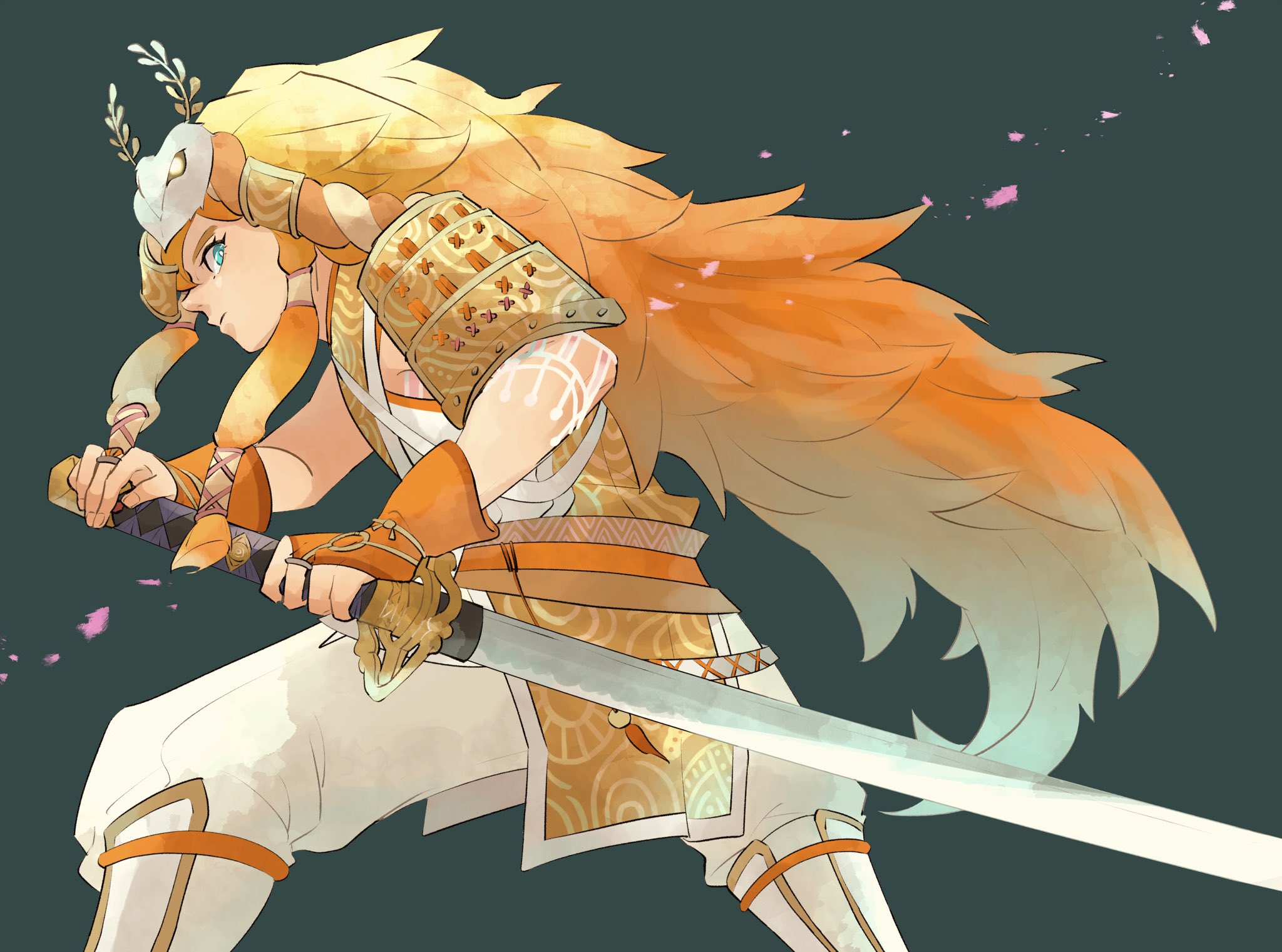 nanananana0706, link, nintendo, the legend of zelda, the legend of zelda: tears of the kingdom, highres, 1boy, aqua eyes, armor, blonde hair, drawing sword, feet out of frame, fighting stance, hair between eyes, hair tubes, headdress, holding, holding sword, holding weapon, japanese armor, japanese clothes, katana, male focus, mystic set (zelda), official alternate costume, pants, shoulder armor, sidelocks, solo, sword, weapon, white pants