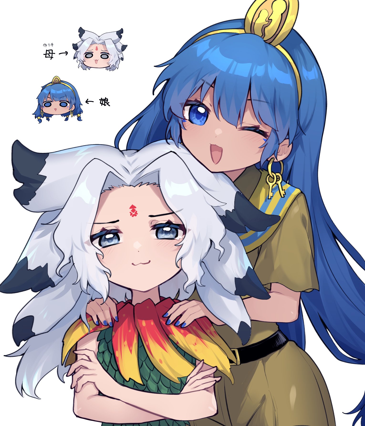 unime seaflower, houjuu chimi, michigami nareko, touhou, commentary request, highres, translation request, 2girls, :3, ;d, belt, belt buckle, black belt, black hair, blue nails, brown shirt, brown shoes, buckle, capelet, closed mouth, colored tips, crossed arms, earrings, facial mark, forehead mark, fur capelet, gold hairband, gold headdress, hair ornament, hairband, hands on another's shoulders, jewelry, key earrings, leaf shirt, long hair, looking at viewer, multicolored hair, multiple girls, one eye closed, open mouth, parted bangs, shirt, shoes, short sleeves, simple background, sleeveless, sleeveless shirt, smile, sphere hair ornament, white background, white hair