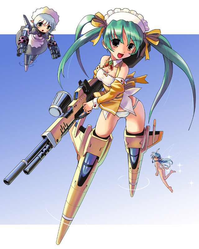 katahira masashi, raiden (series), raiden fighters, strike witches, world witches series, 00s, 3girls, ass, barefoot, blue hair, fairy, green eyes, green hair, gun, maid headdress, mini person, minigirl, multiple girls, no pants, nude, panties, pointy ears, rifle, striker unit, striped clothes, striped panties, twintails, underwear, weapon, wings