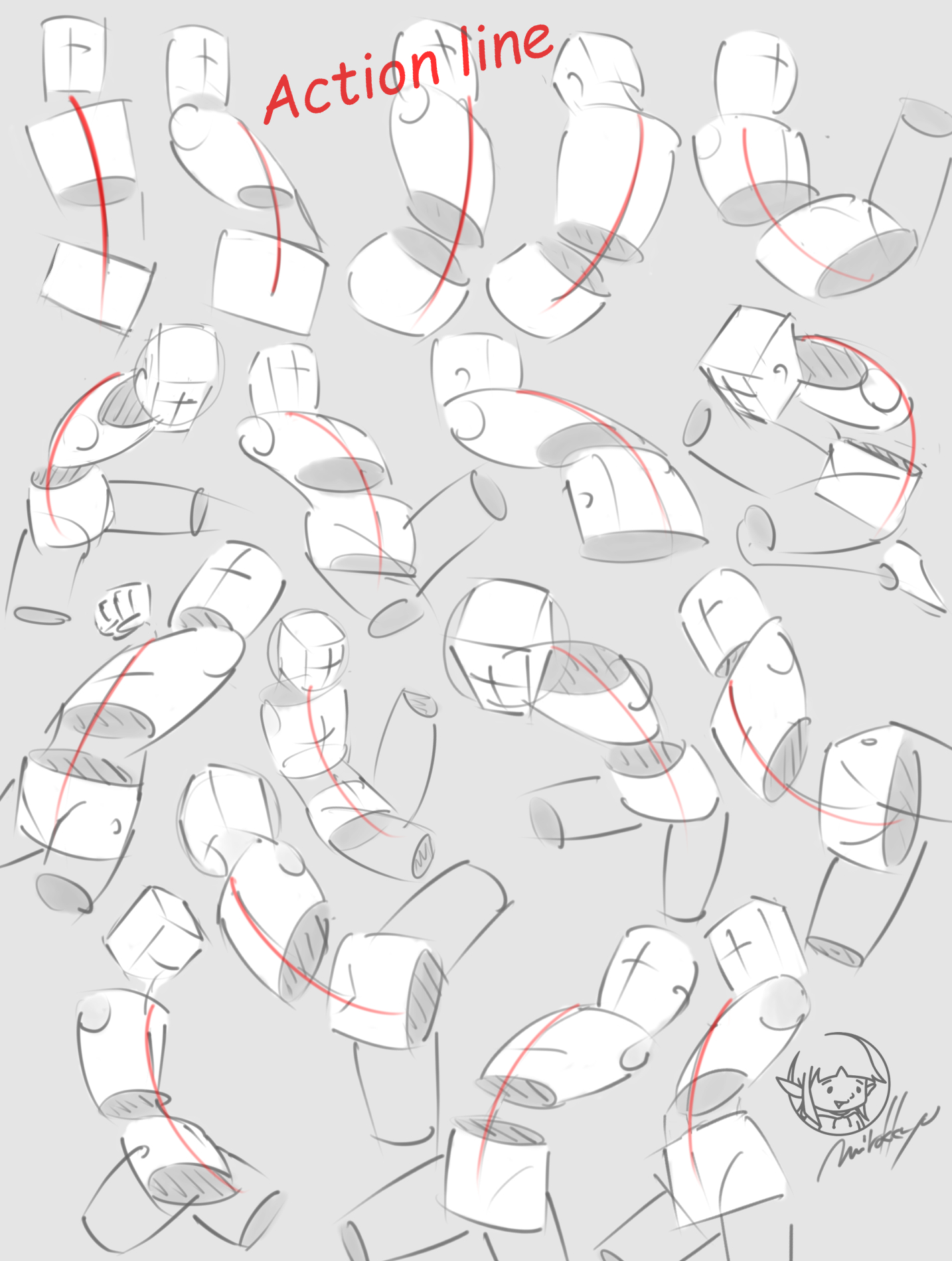 mirokkyu, original, highres, grey background, guide, how to, line of action