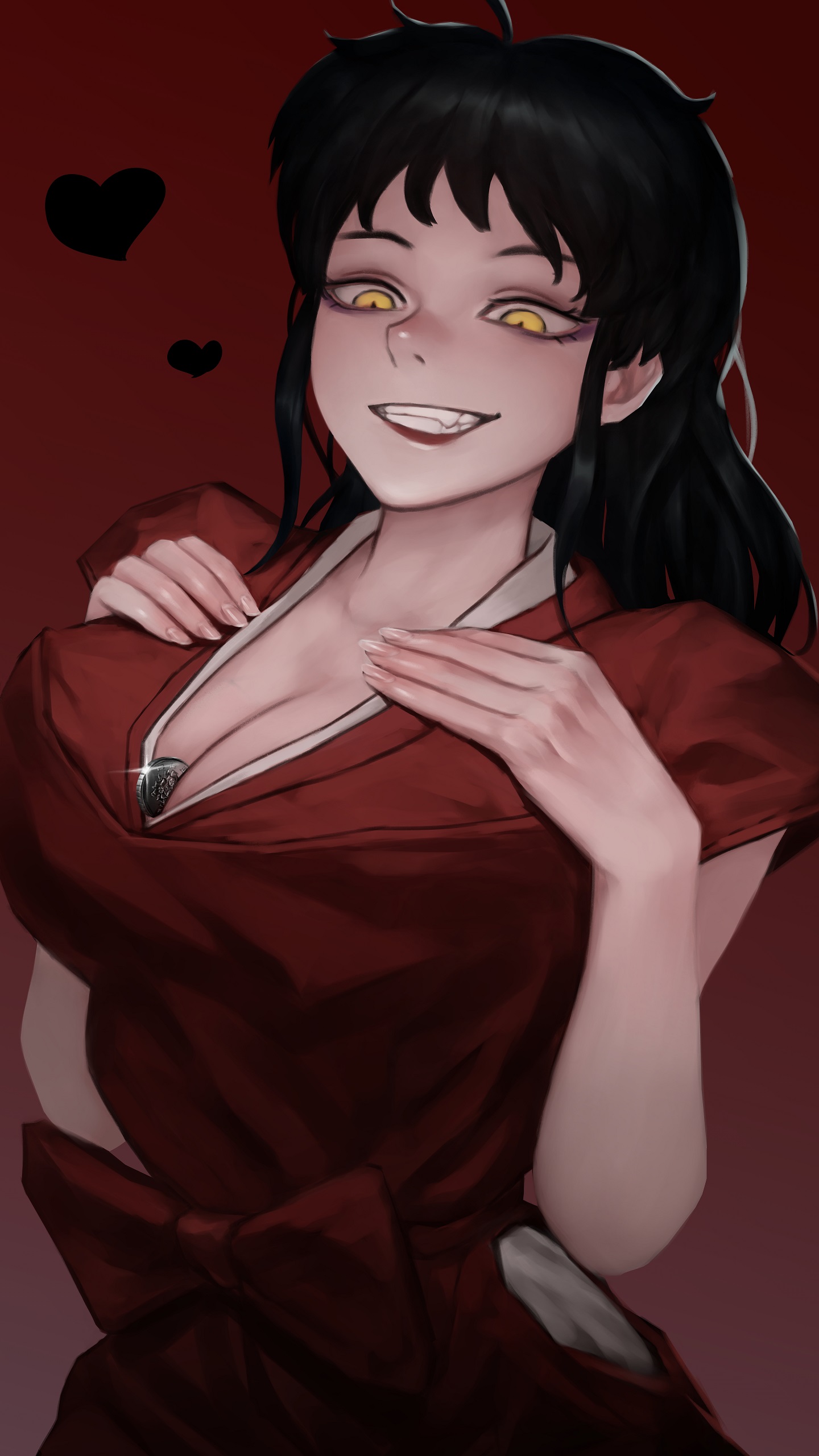bluecup, moroha (inuyasha), han'you no yashahime, inuyasha, variant set, 1girl, aged up, black hair, breasts, cleavage, coin, eyelashes, fang, female focus, fingernails, grin, hands on own chest, large breasts, lipstick, long hair, looking down, makeup, naughty face, red background, red lips, red tunic, shirt, short sleeves, simple background, smile, smug, solo, standing, teeth, tunic, upper body, white shirt, yellow eyes