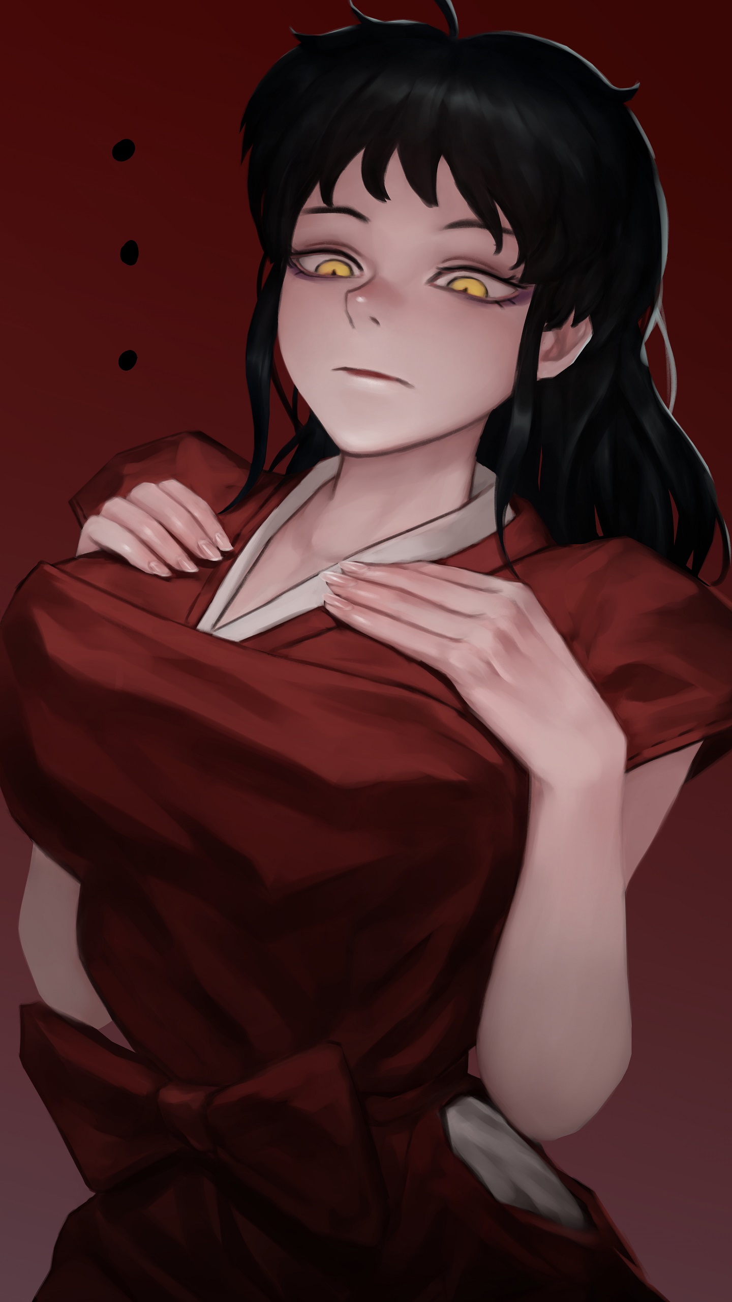 bluecup, moroha (inuyasha), han'you no yashahime, inuyasha, variant set, 1girl, aged up, black hair, breasts, closed mouth, eyelashes, female focus, fingernails, hands on own chest, large breasts, lipstick, long hair, looking down, makeup, red background, red lips, red tunic, serious, shirt, short sleeves, simple background, solo, standing, tunic, upper body, white shirt, yellow eyes
