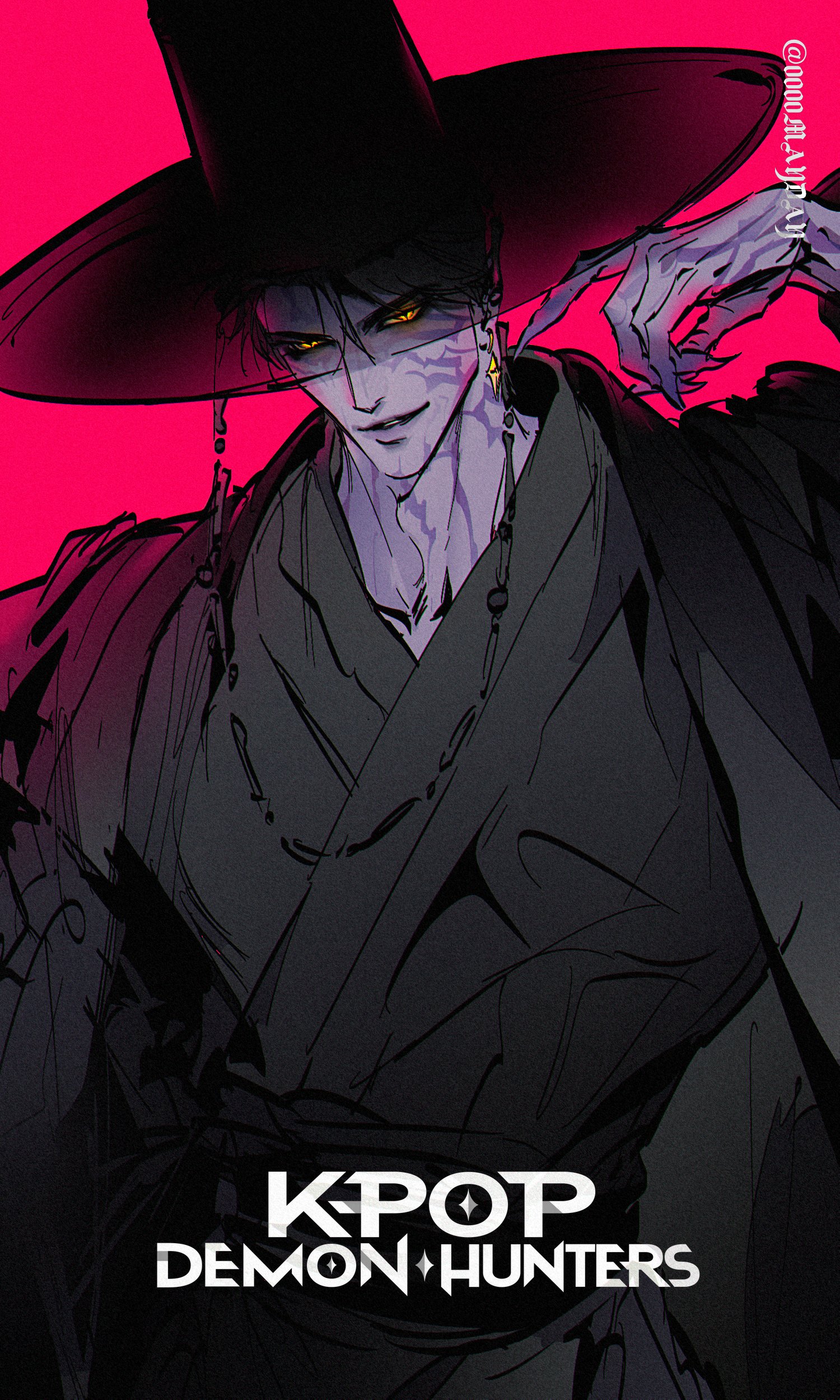 jinu (kpop demon hunters), kpop demon hunters, absurdres, hashtag-only commentary, highres, 0000mayday, 1boy, black hair, black hanbok, body markings, colored skin, copyright name, cowboy shot, demon, earrings, facial mark, fingernails, gat (hat), hanbok, hat, jewelry, korean clothes, long fingernails, male focus, pink background, purple skin, short hair, simple background, smile, solo, twitter username, yellow eyes