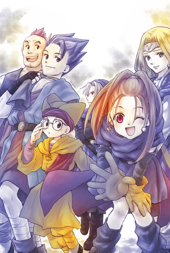 uninin (uni breath), barbara (dq6), chamoro, hassan (dq6), hero (dq6), mireyu, terry (dq6), dragon quest, dragon quest vi, square enix, lowres, 2girls, 4boys, blonde hair, cape, circlet, dress, earrings, forehead, gloves, green eyes, high ponytail, jewelry, long hair, multiple boys, multiple girls, one eye closed, ponytail, red eyes, red hair, wink