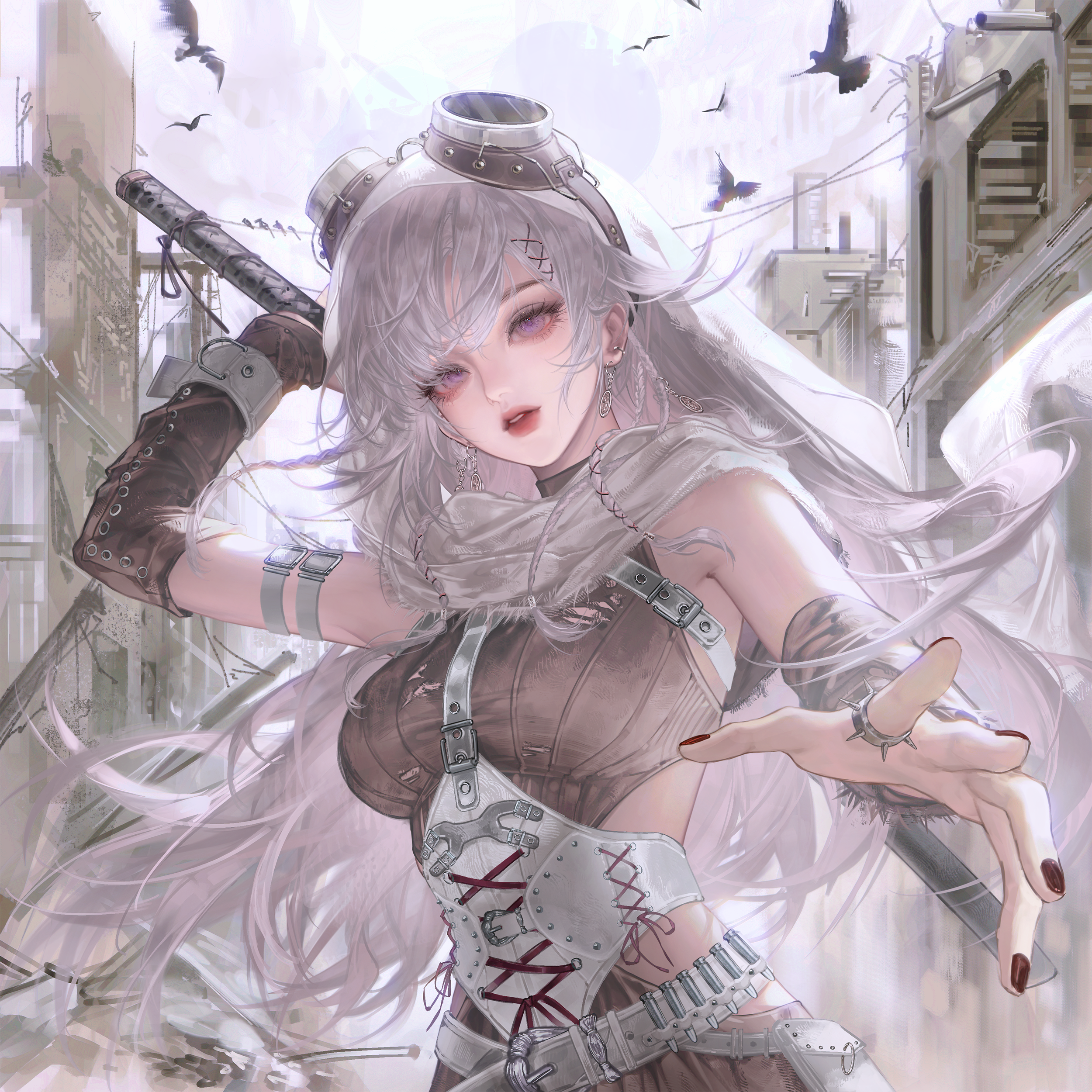 gloriash, original, absurdres, highres, 1girl, bandaged arm, bandages, belt, bird, black hair, black nails, blue eyes, breasts, brown hair, building, corset, earrings, goggles, goggles on head, hair ornament, holding, holding weapon, jewelry, long hair, looking at viewer, nail polish, open mouth, outdoors, purple eyes, ring, scarf, solo, sword, upper body, weapon