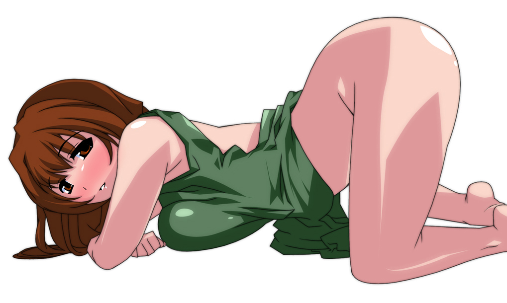 ariyon, caitin, mabinogi, 1girl, all fours, apron, ass, barefoot, bottomless, breast press, breasts, brown hair, female focus, long hair, red eyes, solo, top-down bottom-up
