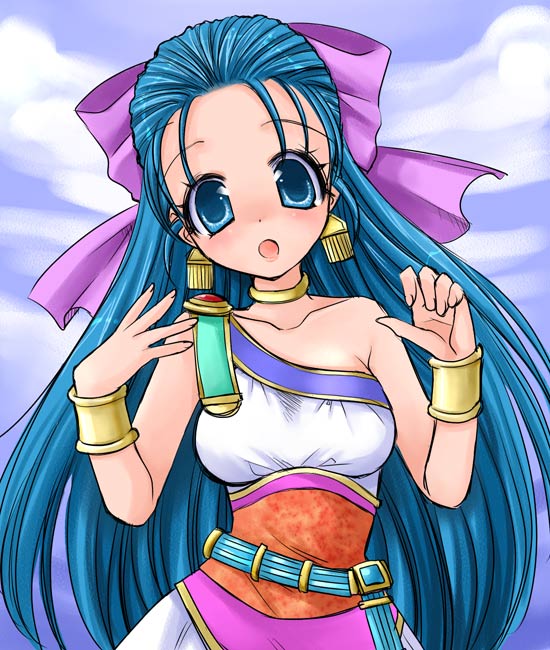 chiru, flora (dq5), dragon quest, dragon quest v, 1girl, blue eyes, blue hair, blush, bow, bracelet, dress, earrings, female focus, hair bow, half updo, jewelry, long hair, open mouth, solo, very long hair
