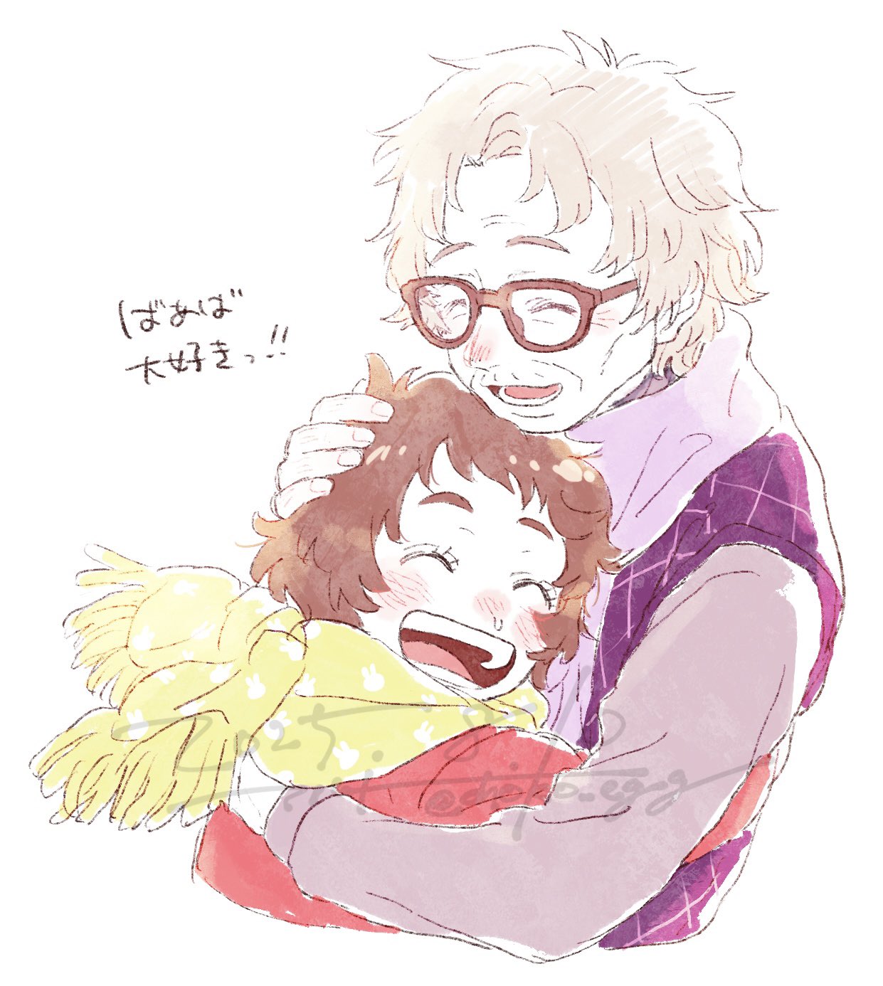 choko egg, yamagishi asako, hikaru ga shinda natsu, highres, 2girls, argyle clothes, argyle sweater vest, blush, brown hair, closed eyes, coat, dated, family, glasses, grandmother and granddaughter, grey hair, hug, long sleeves, multiple girls, old, old woman, purple vest, red coat, scarf, short hair, simple background, sweater vest, vest, watermark, white background, yellow scarf