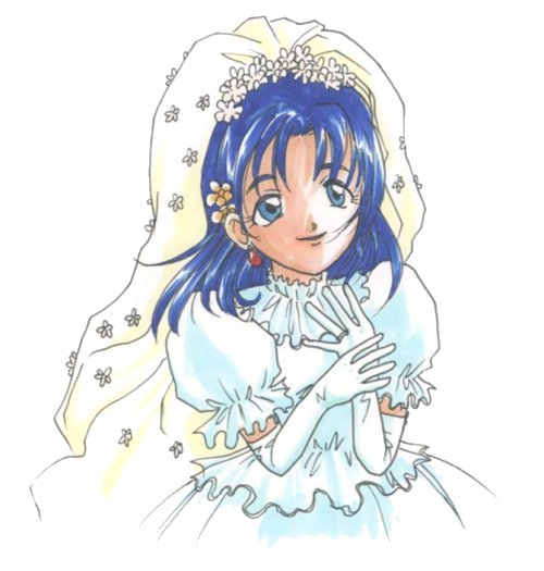 tania (dq6), dragon quest, dragon quest vi, non-web source, blue eyes, blue hair, bridal veil, bride, dress, earrings, elbow gloves, gloves, jewelry, ring, veil, wedding dress