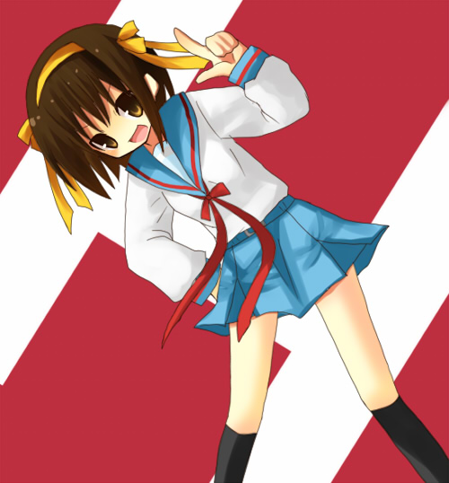 yuzuki (yuduame), suzumiya haruhi, suzumiya haruhi no yuuutsu, 00s, 1girl, :d, brown eyes, brown hair, female focus, hair ribbon, hairband, index finger raised, legs apart, long sleeves, open mouth, pointing, pointing up, red ribbon, ribbon, school uniform, serafuku, short hair, smile, solo, standing