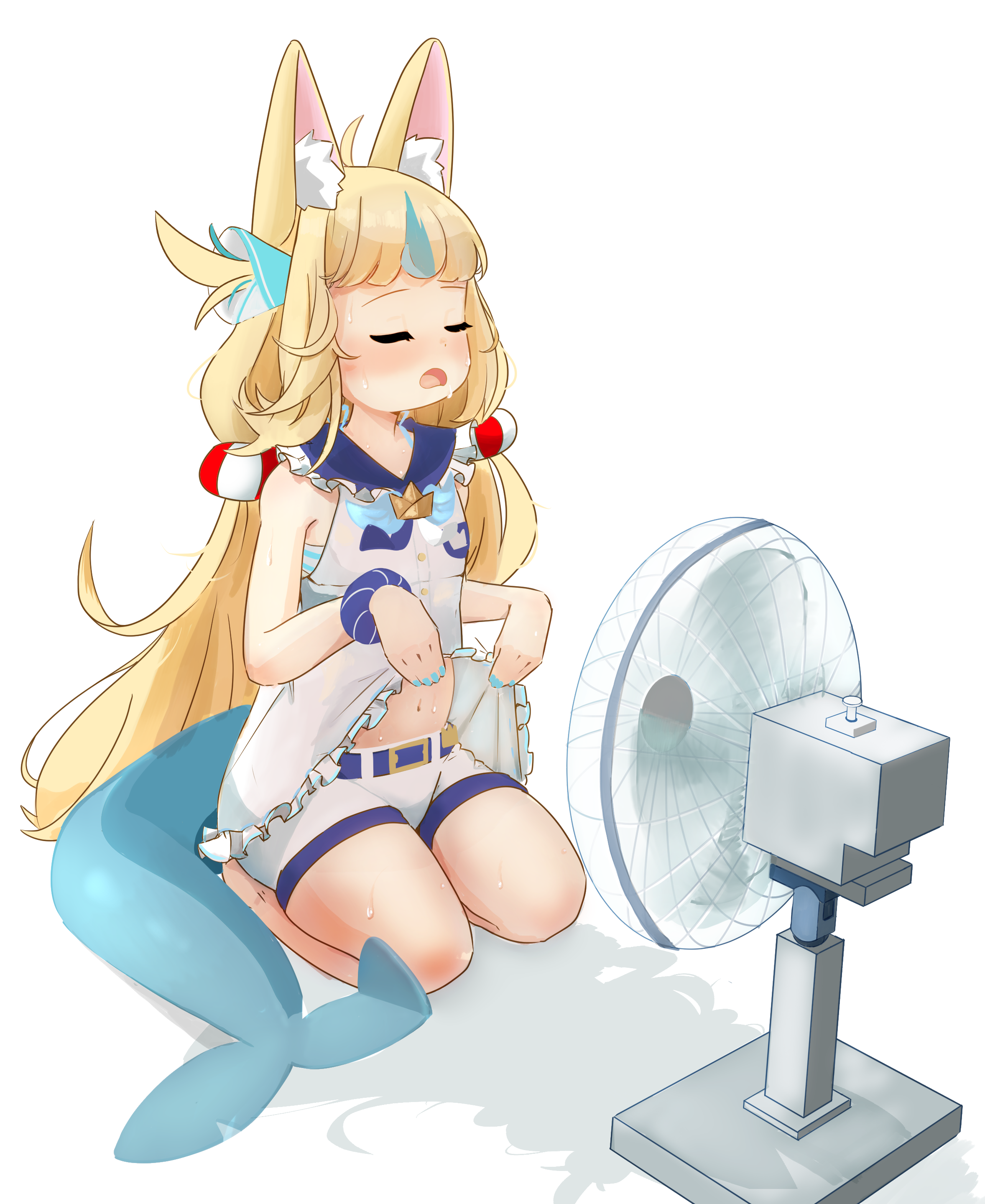 dai roku ten mao, sameko saba, indie virtual youtuber, absurdres, commentary, english commentary, highres, 1girl, ahoge, animal ear fluff, animal ears, belt, blonde hair, blue sailor collar, blush, brooch, closed eyes, clothes lift, electric fan, facing ahead, fins, fish tail, from side, hair ornament, hot, jewelry, kneeling, long hair, multicolored hair, navel, open mouth, sailor collar, scrunchie, shadow, shark tail, shirt lift, shorts, sleeveless, solo, streaked hair, sweat, tail, twintails, very long hair, very sweaty, virtual youtuber, white background, white shorts, wrist scrunchie