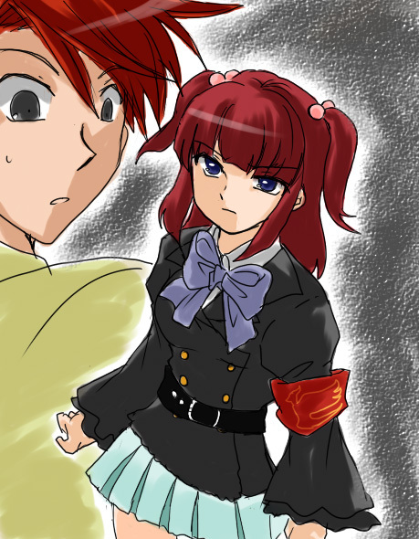 kasaki fuuka, ushiromiya ange, ushiromiya battler, umineko no naku koro ni, bad id, bad pixiv id, 00s, armband, blue eyes, blunt bangs, bow, brother and sister, hair bobbles, hair ornament, red hair, siblings, skirt, twintails