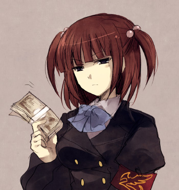 suzushiro kurumi, ushiromiya ange, umineko no naku koro ni, lowres, 00s, armband, blunt bangs, bow, hair bobbles, hair ornament, money, red hair, solo, twintails, two side up