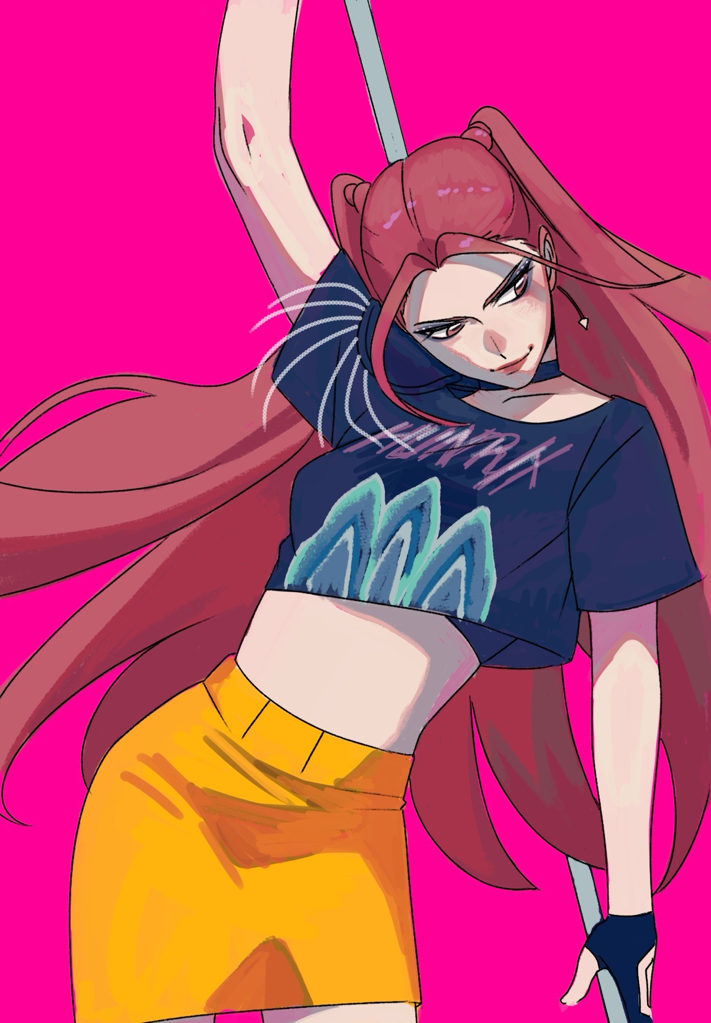 mira (kpop demon hunters), kpop demon hunters, commentary, english commentary, highres, 1girl, arm up, choker, closed mouth, crop top, earrings, fingerless gloves, gloves, holding, holding polearm, holding weapon, jewelry, long hair, looking to the side, pink background, polearm, sidelocks, simple background, skirt, smile, solo, thegodoffortune, twintails, weapon, yellow skirt