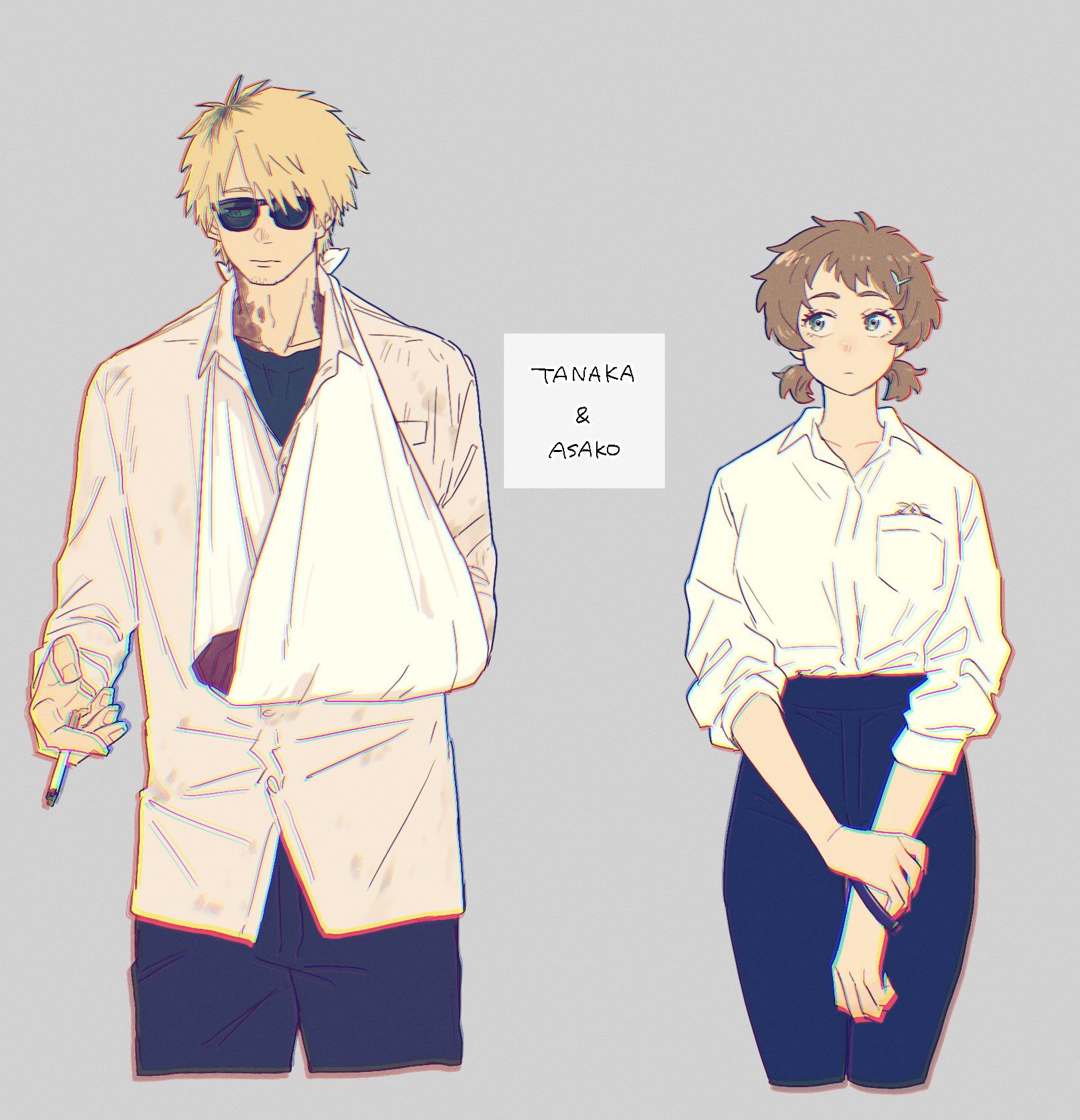 choko egg, tanaka (hikaru ga shinda natsu), yamagishi asako, hikaru ga shinda natsu, highres, 1boy, 1girl, animal, animal in clothes, arm sling, blonde hair, burn scar, character name, chromatic aberration, cigarette, green eyes, grey background, hair ornament, hamster, holding, holding cigarette, long sleeves, pants, scar, shirt, short hair, short twintails, simple background, standing, twintails, white shirt, wristband