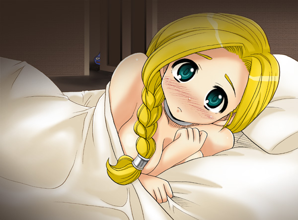 kotobuki maimu, bianca (dq5), slime (dragon quest), dragon quest, dragon quest v, 1girl, :d, aqua eyes, bed, bed sheet, between breasts, blonde hair, blue eyes, blue skin, blush, braid, breasts, censored, clenched hand, colored skin, convenient censoring, door, embarrassed, female focus, frown, hair censor, hair over breasts, hair over shoulder, hair tubes, indoors, long hair, looking at viewer, lying, monster, naked sheet, naughty face, nude, on side, open mouth, peeking, pillow, sheet grab, single braid, smile, solo, under covers, walk-in, wide hips, you gonna get raped