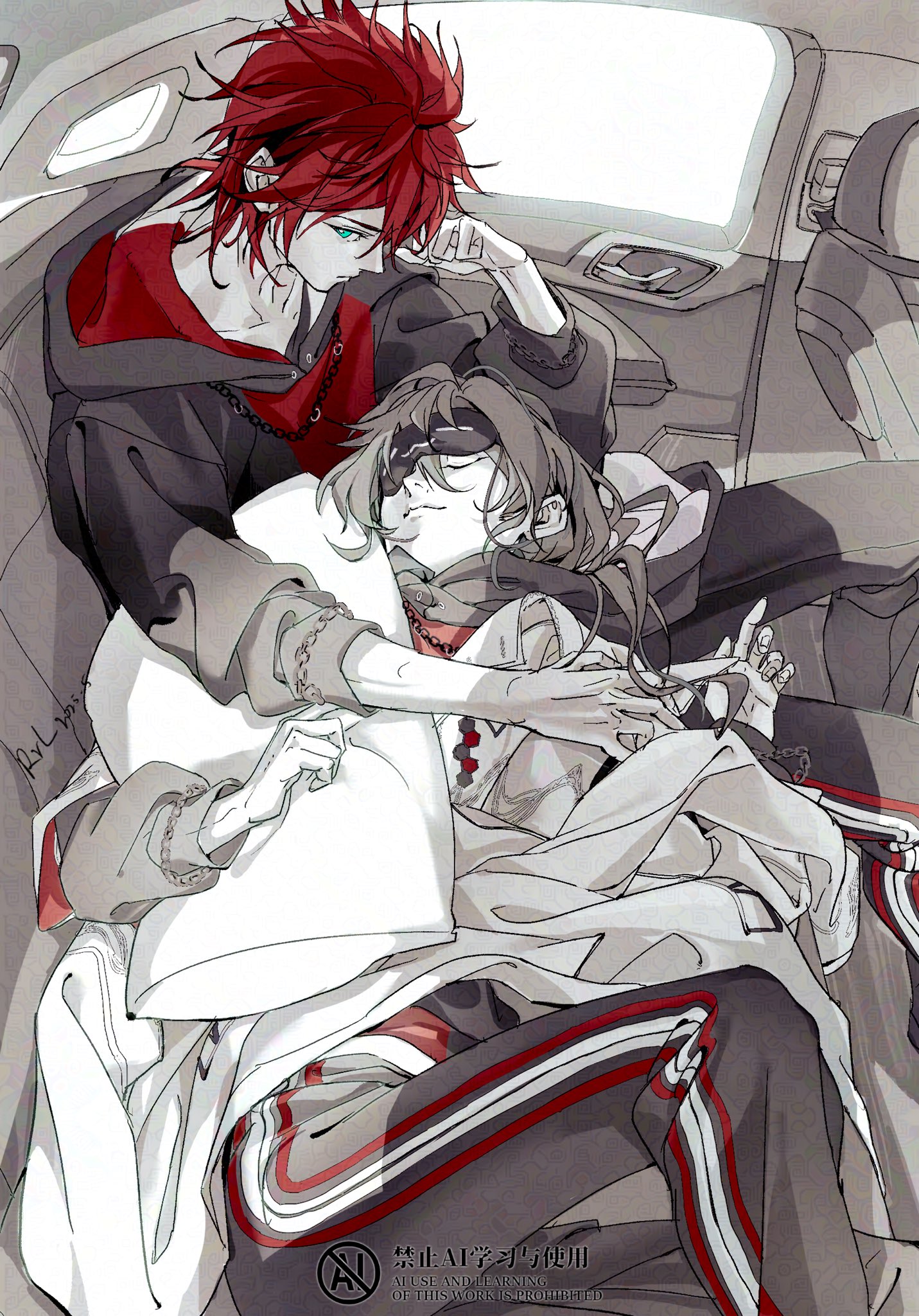 rrlhumanbeing, amagi rinne, shiina niki, ensemble stars!, chinese commentary, commentary, highres, 2boys, aqua eyes, car, car interior, closed eyes, closed mouth, eye mask, grey hair, hair between eyes, holding, holding pillow, hood, hoodie, indoors, lap pillow, long hair, long sleeves, looking to the side, lying, male focus, motor vehicle, multiple boys, pillow, red hair, short hair, sleeping, spot color, watermark, window