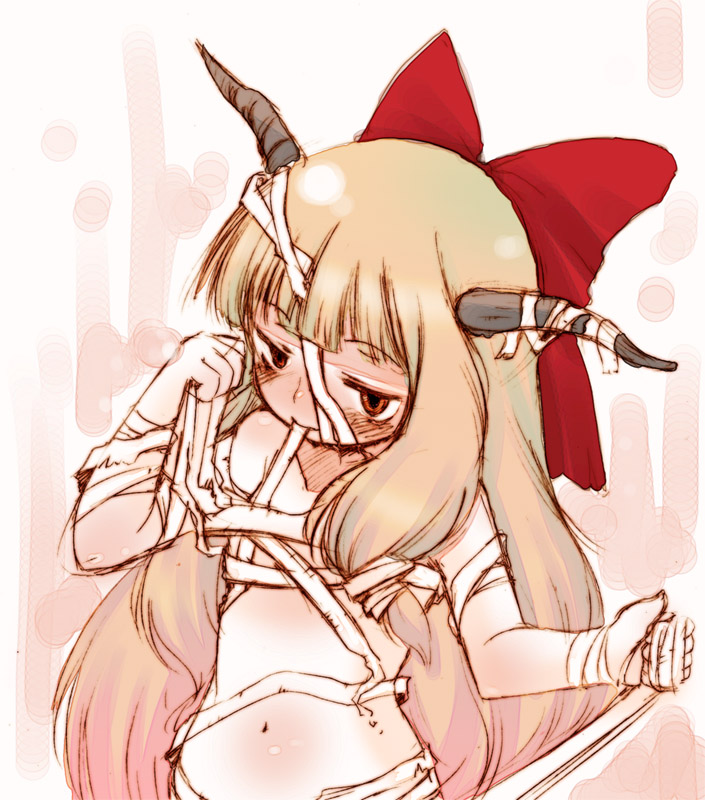fujisaki hikari, ibuki suika, touhou, 1girl, bandages, brown hair, female focus, horns, long hair, nude, ribbon, solo, white background