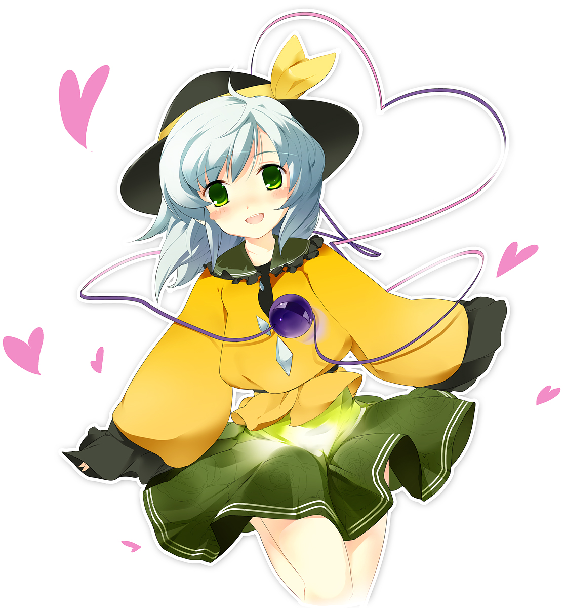 null (pixiv59424), komeiji koishi, touhou, silver hair, bad id, bad pixiv id, highres, 1girl, blouse, blush stickers, bow, female focus, hat, heart, heart of string, ribbon, shirt, short hair, skirt, solo, yellow bow, yellow shirt