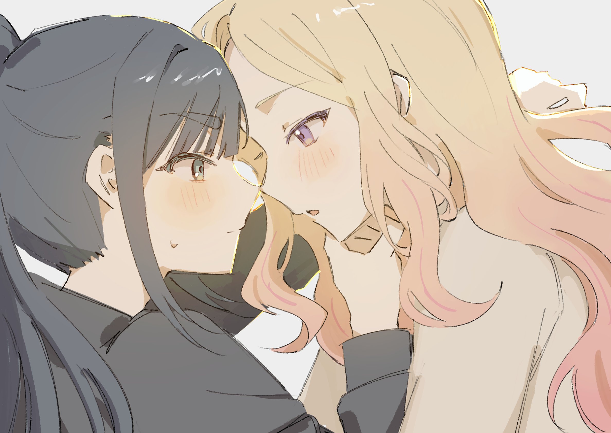 amaya tsubame, juo sena, gakuen idolmaster, idolmaster, highres, 2girls, black hair, black shirt, blonde hair, blush, closed mouth, eye contact, grey eyes, hago (85 p 46), hand on another's chin, long hair, looking at another, multiple girls, noses touching, pink streaks, ponytail, purple eyes, shirt, simple background, sweat, white background, white shirt, yuri