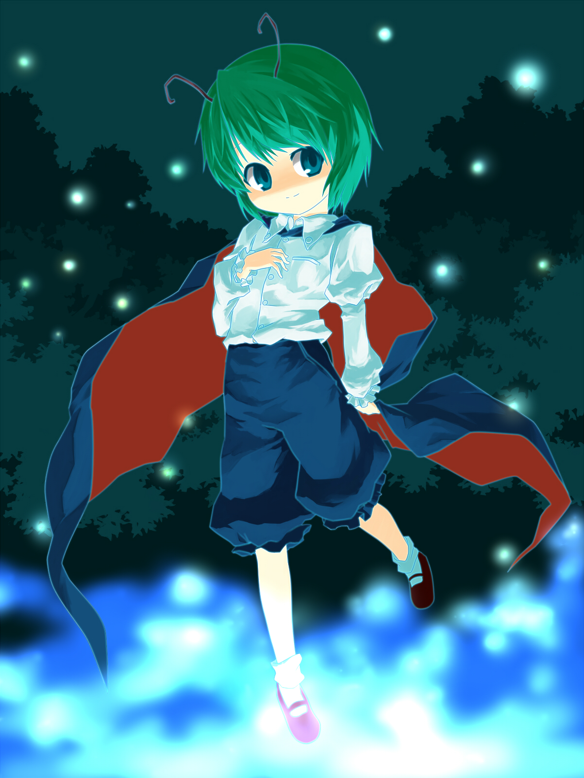 sawayaka samehada, wriggle nightbug, touhou, bad id, bad pixiv id, highres, 1girl, antennae, bug, female focus, fireflies, firefly, green hair, short hair, solo