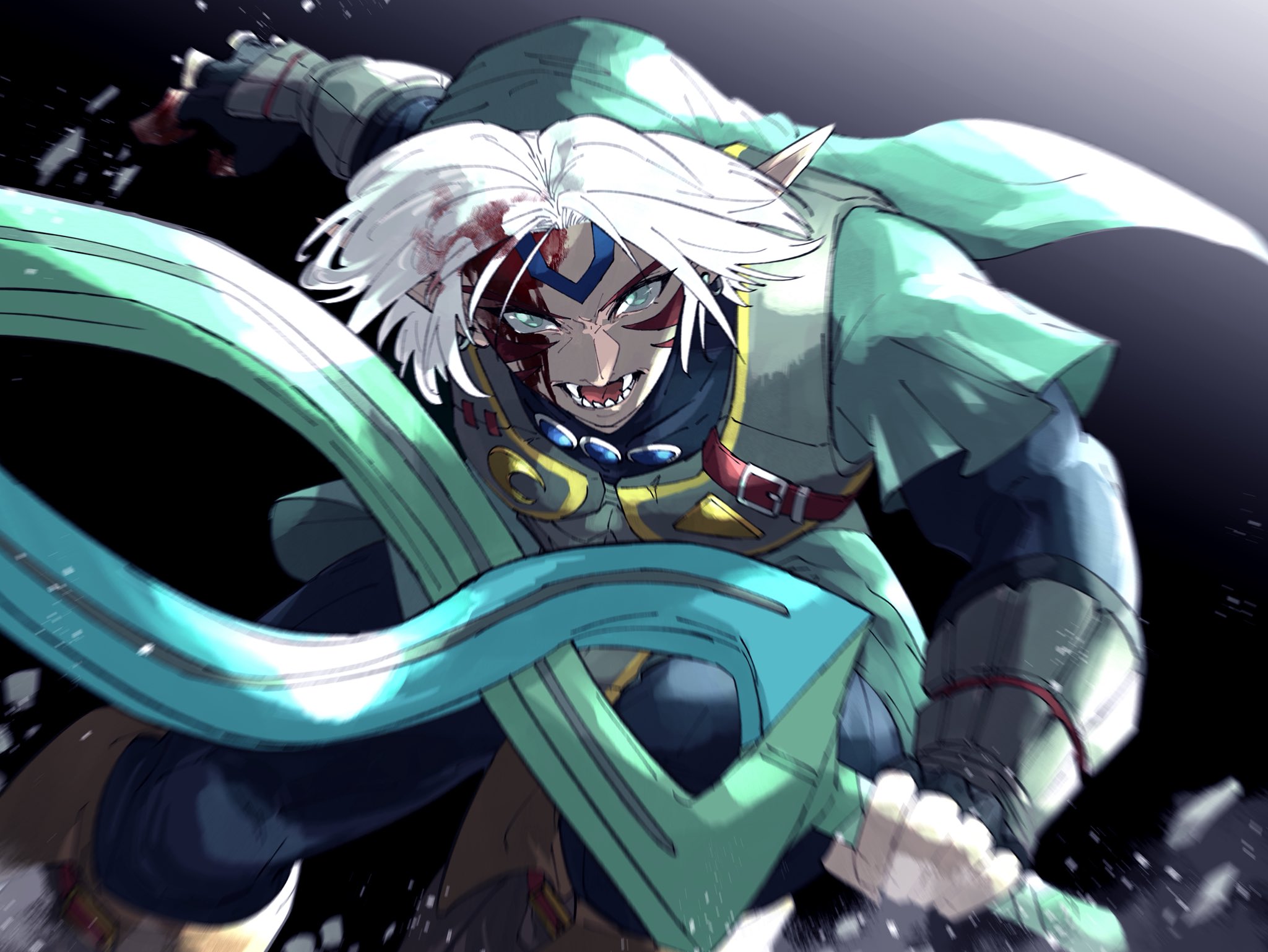 nanananana0706, fierce deity, nintendo, the legend of zelda, the legend of zelda: majora's mask, highres, 1boy, armor, battle, black pants, black shirt, blood, blood in hair, blood on face, boots, breastplate, brown boots, earrings, facial mark, fangs, feet out of frame, fighting stance, furrowed brow, green eyes, green hair, green tunic, holding, holding sword, holding weapon, jewelry, male focus, open mouth, pants, parted bangs, phrygian cap, pointy ears, shirt, short hair, solo, sword, tunic, weapon, white hair