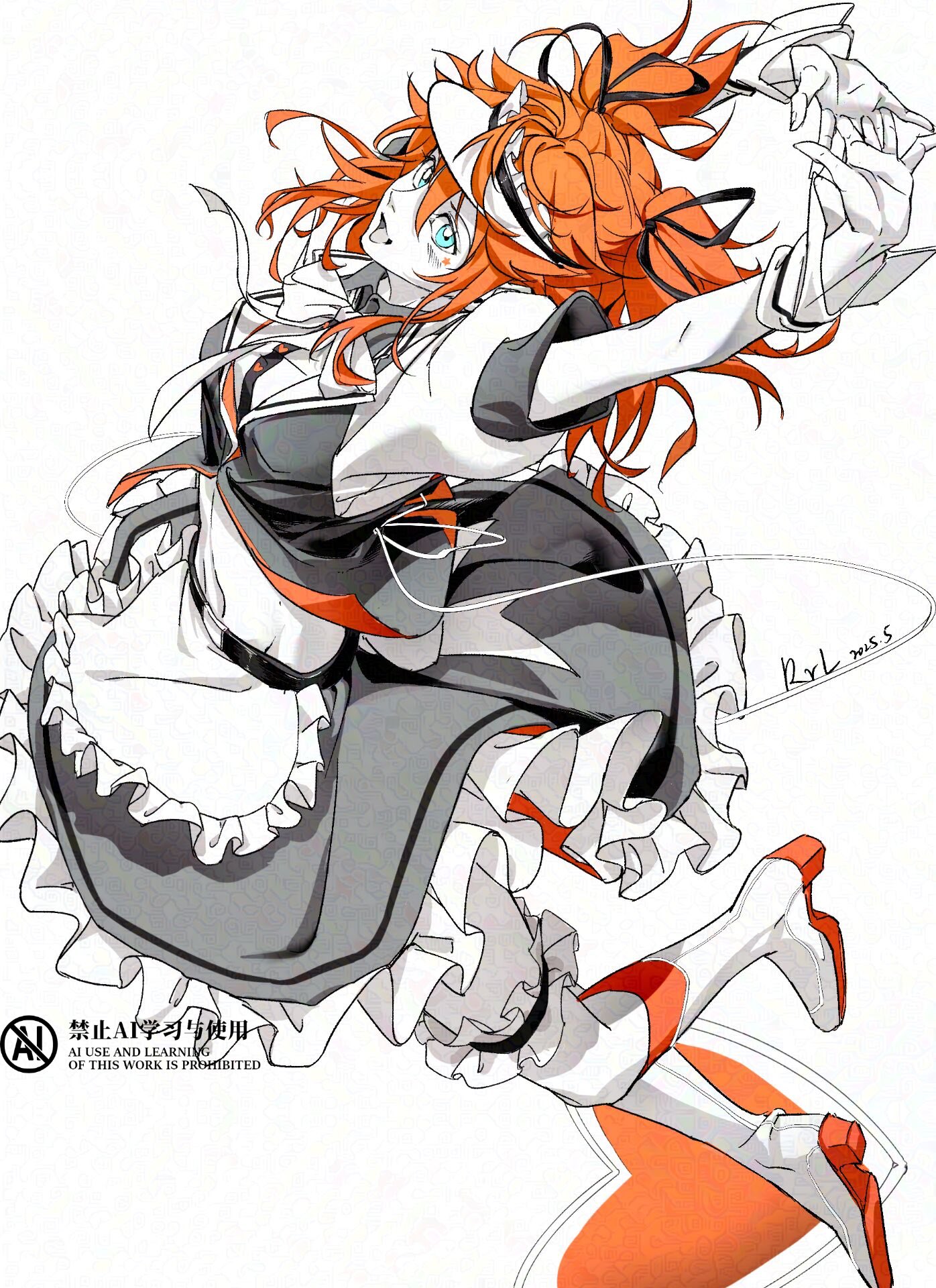 rrlhumanbeing, akehoshi subaru, ensemble stars!, highres, 1girl, apron, aqua eyes, arms behind back, arms up, blush, boots, dress, facial mark, frilled apron, frilled dress, frills, genderswap, genderswap (mtf), hair between eyes, hair ribbon, half updo, jumping, knee boots, long hair, looking at viewer, open mouth, orange hair, ribbon, short sleeves, simple background, smile, solo, spot color, star (symbol), star facial mark, twintails, visor cap, watermark, white background