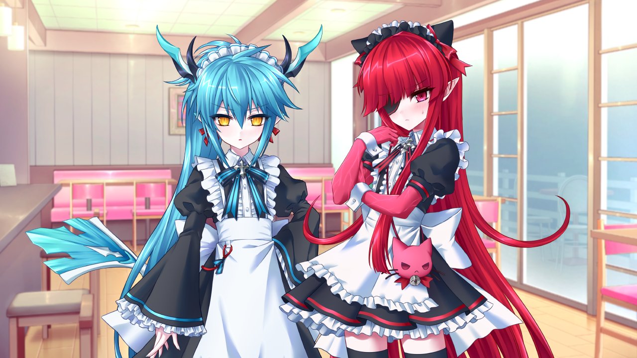 denif (elsword), rosso (elsword), elsword, 2boys, alternate costume, androgynous, animal bag, animal ears, apron, back ribbon, bag, bell, blue hair, blush, cat bag, colored skin, dialogue box, dragon boy, dragon horns, dragon tail, dress, eyepatch, fake animal ears, fake screenshot, frilled sleeves, frills, horns, indoors, long hair, long sleeves, looking at viewer, maid, maid apron, maid headdress, multiple boys, pink eyes, pointy ears, ponytail, puffy sleeves, red hair, ribbon, short sleeves, shoulder bag, slit pupils, sweat, tail, very long hair, visual novel, xaruri88, yellow eyes