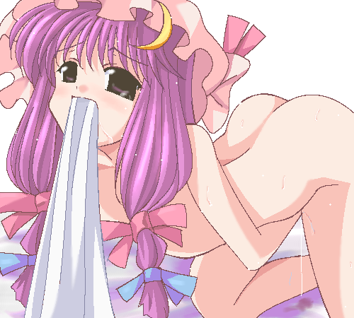 patchouli knowledge, touhou, lowres, 1girl, arched back, bad anatomy, bad face, bed sheet, bow, completely nude, crescent, female focus, female masturbation, hat, long hair, masturbation, mouth hold, nude, oekaki, pink bow, purple hair, ribbon, solo