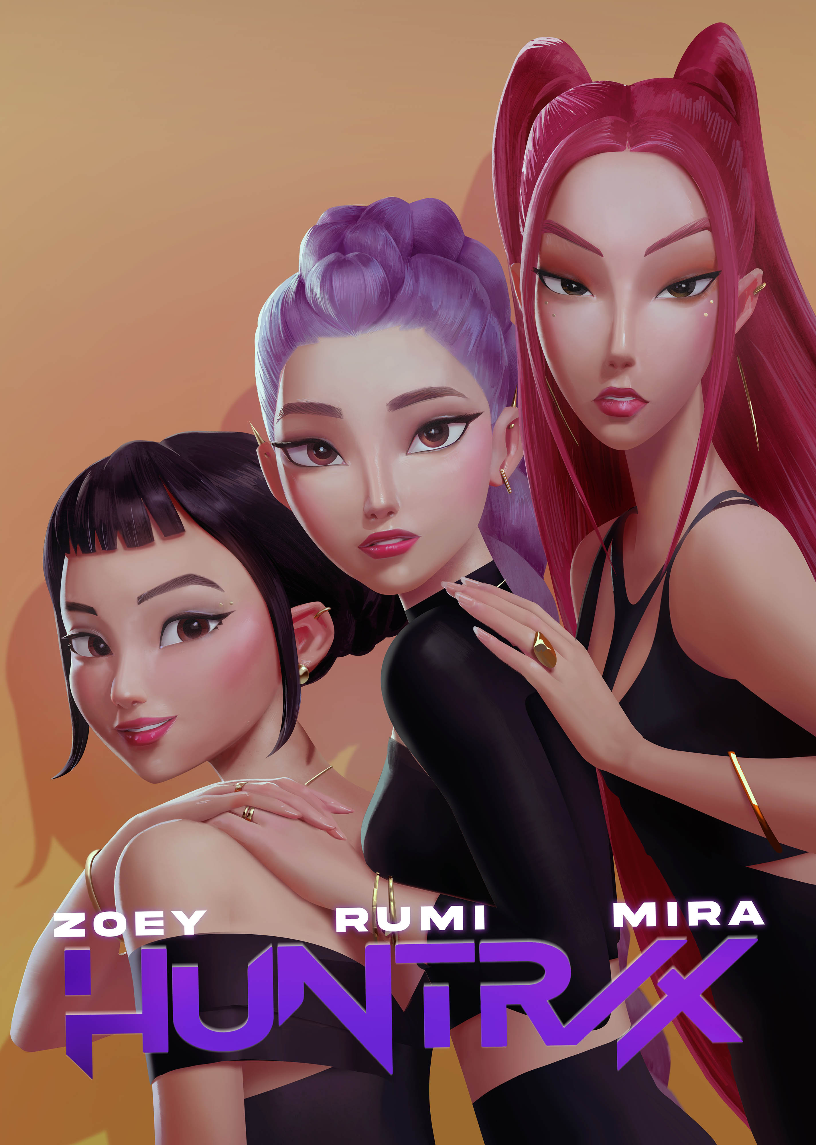 jinu (kpop demon hunters), rumi (kpop demon hunters), zoey (kpop demon hunters), kpop demon hunters, absurdres, commentary, english commentary, highres, 3girls, black hair, bracelet, braid, braided ponytail, brown eyes, character name, cosplay, double bun, earrings, eyeshadow, group name, hair bun, hand on another's shoulder, jewelry, long hair, looking at viewer, makeup, multiple girls, nachomolinaart, parted lips, pink hair, pink lips, purple hair, red hair, ring, sidelocks, smile, twintails, zoey (kpop demon hunters) (cosplay)