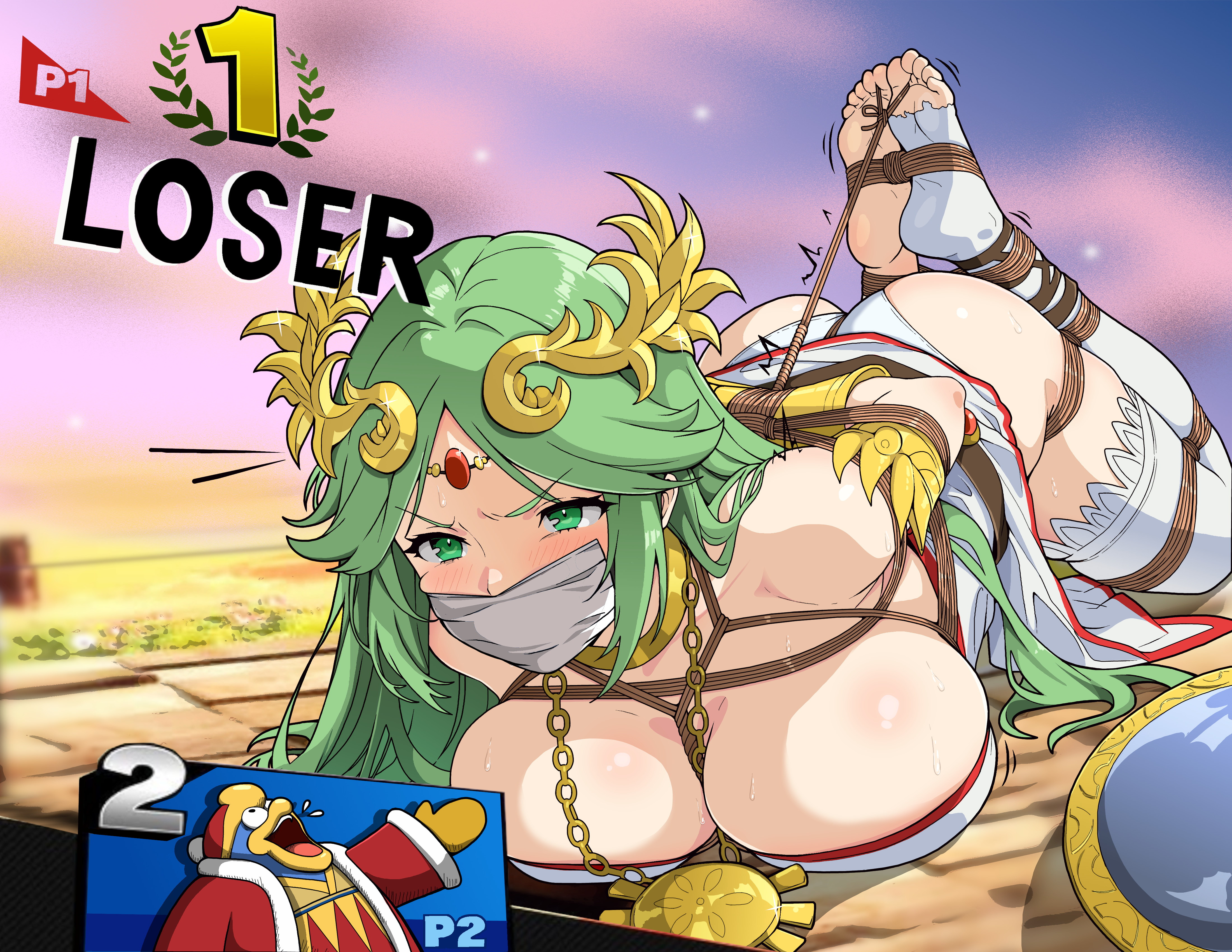 tiedtiki, palutena, kid icarus, kid icarus (nes), nintendo, super smash bros., absurdres, highres, ass, bdsm, blush, bondage, bound, breasts, cleavage, defeat, gag, gagged, green eyes, green hair, improvised gag, large breasts, parted bangs, shibari, sweat, tape, tape gag