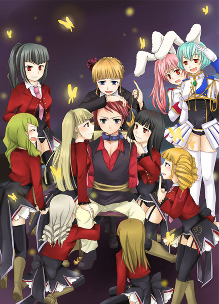 inoue yuka, pos87, ryukishi07, asmodeus (umineko), beatrice (umineko), beelzebub (umineko), belphegor (umineko), chiester410, chiester45, chiester sisters, leviathan (umineko), lucifer (umineko), mammon (umineko), satan (umineko), stakes of purgatory, ushiromiya battler, no naku koro ni (series), umineko no naku koro ni, uniform, 00s, 1boy, 6+girls, animal ears, bug, butterfly, collar, insect, leash, multiple girls, necktie, pink necktie, rabbit ears, showgirl skirt, thighhighs