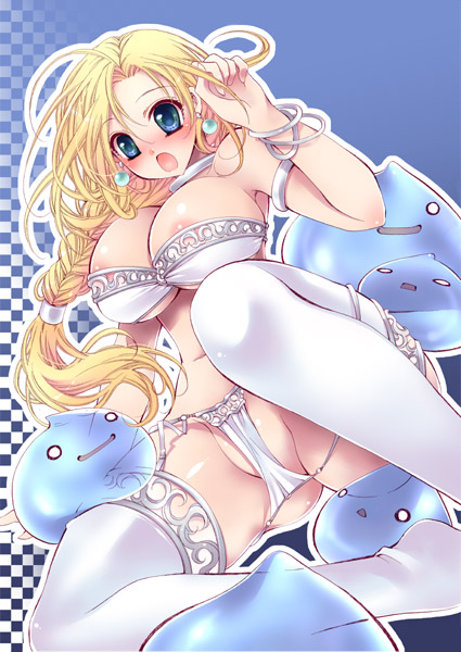 kotoji, bianca (dq5), slime (dragon quest), dragon quest, dragon quest v, non-web source, 1girl, ass, blonde hair, blue eyes, blush, bra, bracelet, braid, breasts, cleavage, earrings, female focus, hair over shoulder, jewelry, large breasts, lingerie, long hair, nipple slip, nipples, open mouth, panties, single braid, slime (creature), solo, surprised, thighhighs, underwear, underwear only