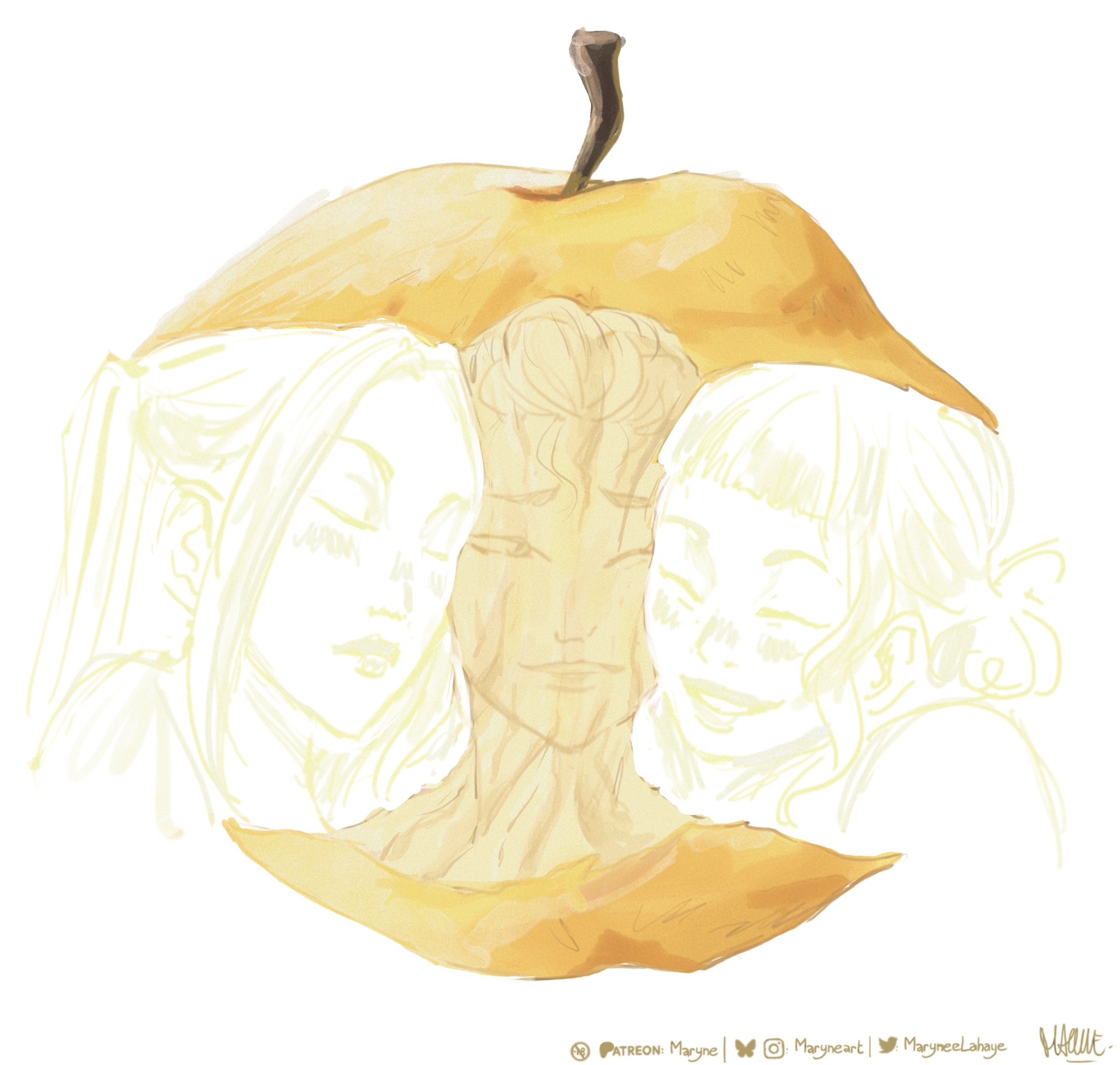maryneelahaye, mira (kpop demon hunters), rumi (kpop demon hunters), zoey (kpop demon hunters), kpop demon hunters, commentary, english commentary, highres, 3girls, affectionate, apple, appletrend, blunt bangs, blush, body markings, cheek-to-cheek, close-up, closed eyes, double bun, food, fruit, golden apple, hair bun, heads together, instagram username, multiple girls, one eye closed, patreon username, sidelocks, signature, simple background, smile, twintails, twitter username, white background