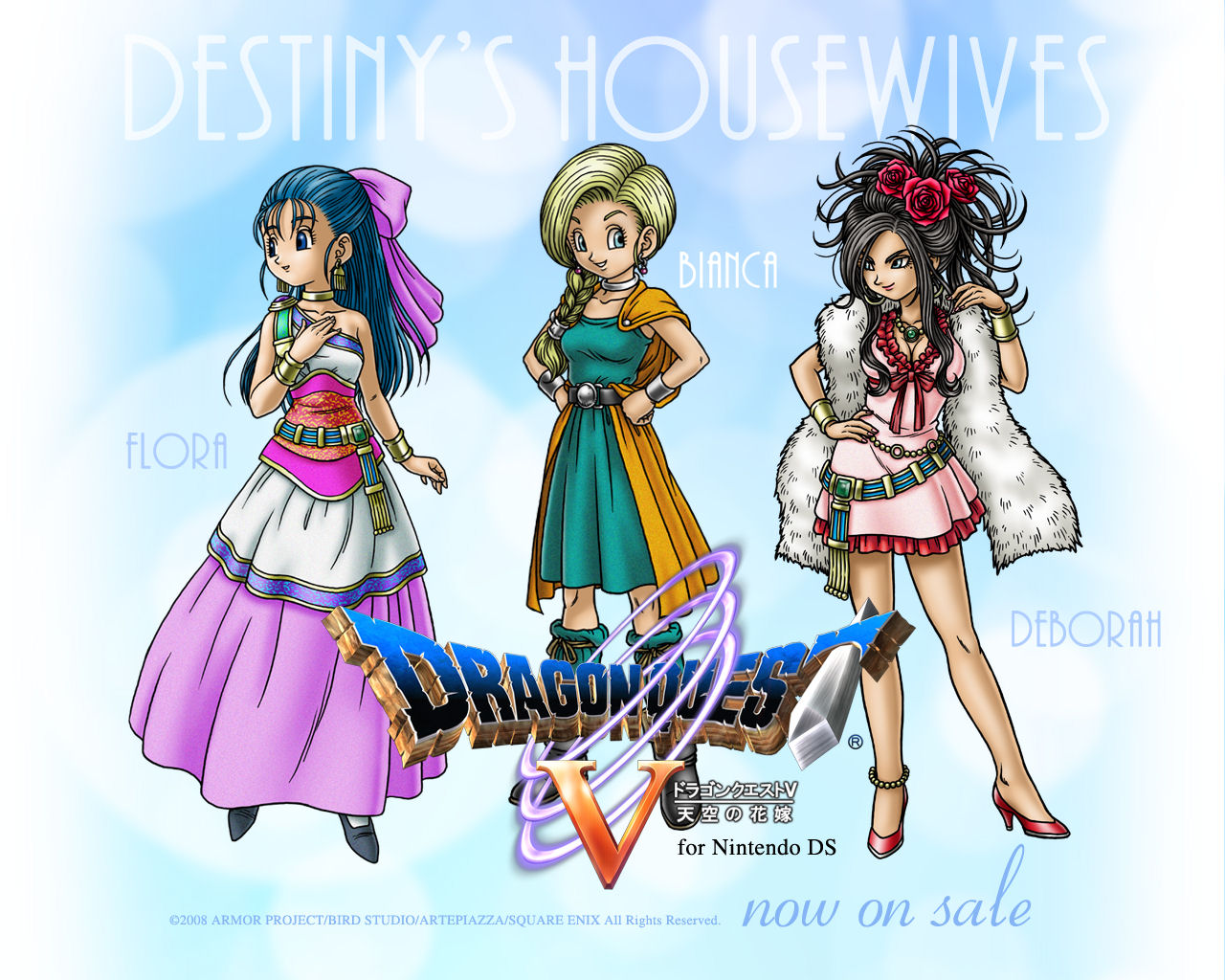 toriyama akira, bianca (dq5), deborah (dq5), flora (dq5), dragon quest, dragon quest v, square enix, white legwear, non-web source, official art, official wallpaper, 3girls, anklet, black hair, blonde hair, blue eyes, blue hair, bow, bracelet, braid, breasts, cape, cleavage, dress, earrings, flower, hair bow, hair over shoulder, half updo, high heels, jewelry, long hair, medium breasts, mole, mole under eye, multiple girls, pantyhose, pink bow, rose, shoes, single braid