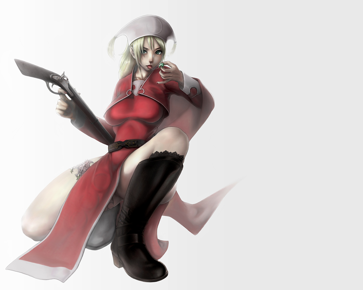 takai, orator (fft), final fantasy, final fantasy tactics, 1girl, blonde hair, boots, breasts, female focus, female pubic hair, full body, gradient background, gun, no panties, pubic hair, solo, thighs, weapon