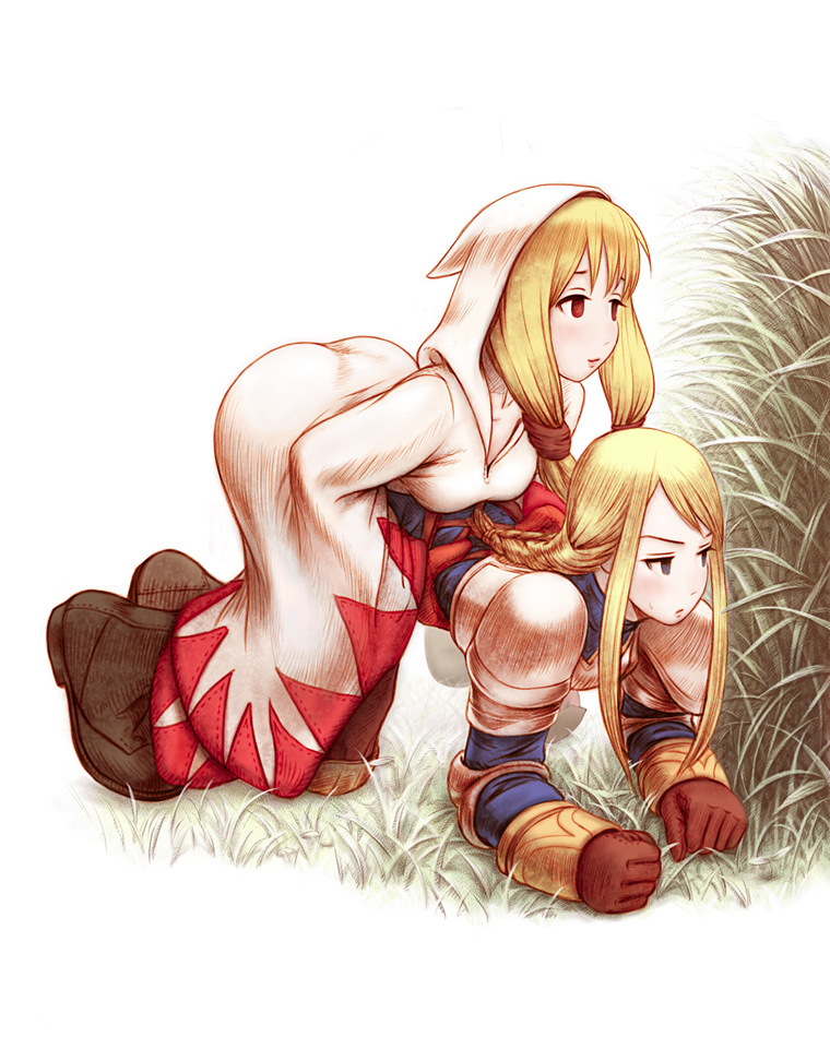 takai, agrias oaks, white mage (fft), white mage (final fantasy), final fantasy, final fantasy tactics, white mage, 2girls, all fours, armor, blonde hair, blue eyes, blush, braid, brown eyes, grass, hip focus, hood, implied futanari, implied sex, low twintails, multiple girls, robe, swept bangs, torso grab, twintails, white background