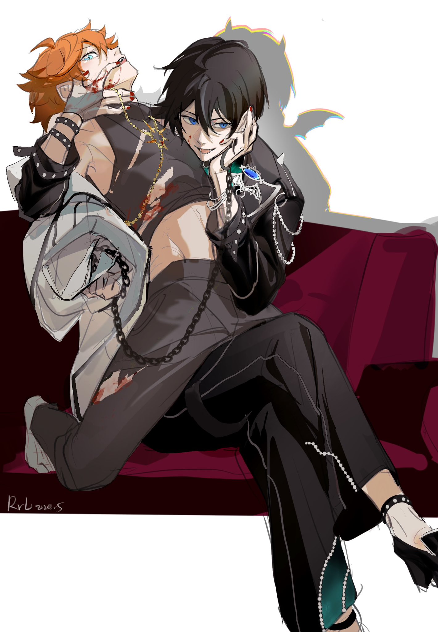 rrlhumanbeing, akehoshi subaru, hidaka hokuto, ensemble stars!, highres, 2boys, ahoge, black hair, black jacket, blood, blood on face, blood on hands, blood on leg, blue eyes, couch, crop top, drop shadow, fingerless gloves, gloves, hair between eyes, hand rest, jacket, looking at viewer, male focus, multiple boys, on couch, open clothes, open jacket, open mouth, orange hair, pants, red nails, shirt, short hair, single fingerless glove, sitting, sleeveless, sleeveless shirt, smile, torn clothes, torn pants, white jacket