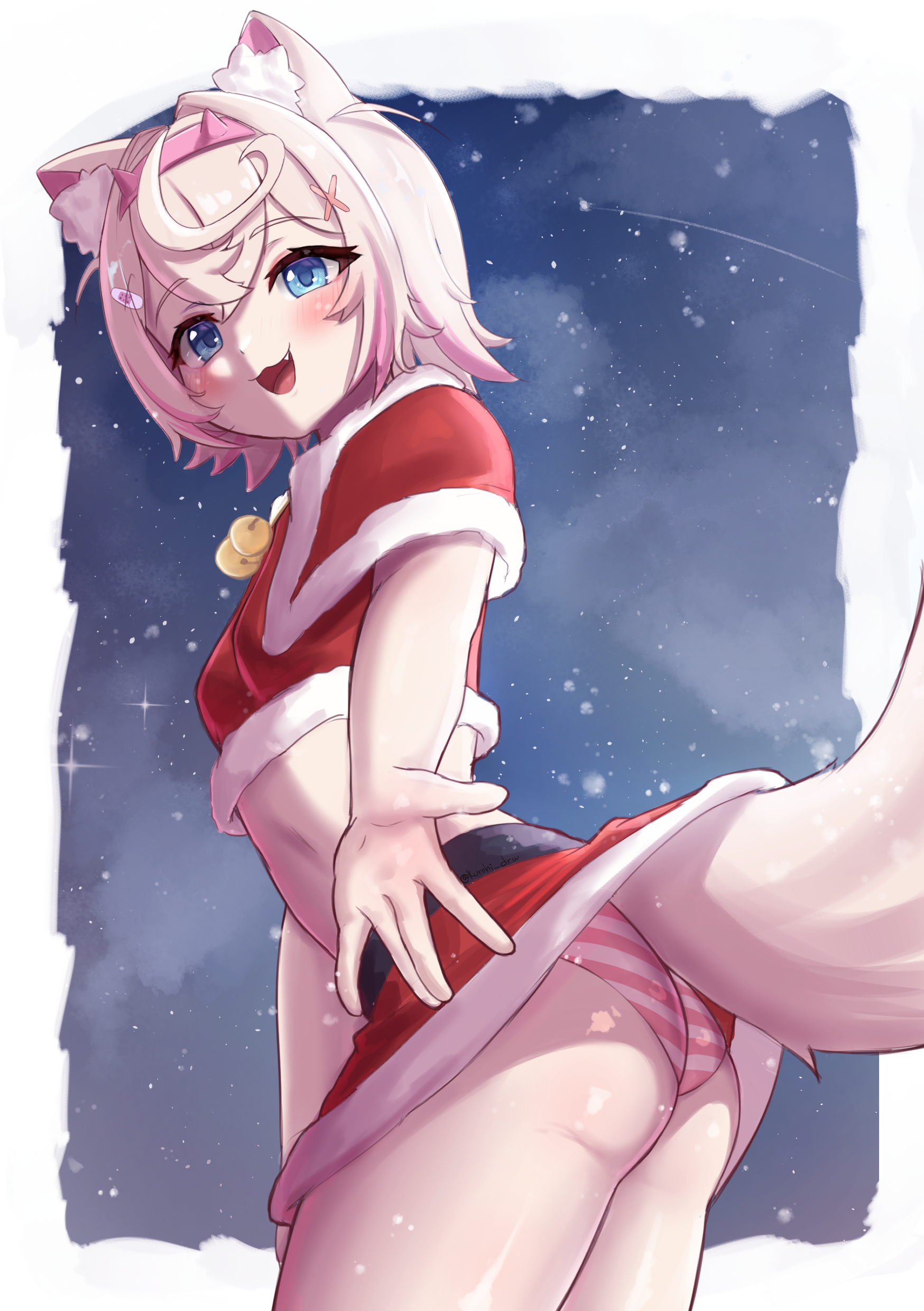 kurohi drw, mococo abyssgard, hololive, hololive english, absurdres, commentary, english commentary, highres, 1girl, :3, animal ear fluff, animal ears, ass, bandaid, bandaid hair ornament, bell, belly, belt, blonde hair, blush, border, christmas, clothes lift, cold, cowboy shot, dog ears, dog girl, dog tail, fake horns, fang, from below, fur trim, hair ornament, horns, jingle bell, lifted by tail, looking at viewer, miniskirt, multicolored hair, neck bell, night, night sky, open mouth, panties, reaching, reaching towards viewer, red skirt, santa costume, short hair, skirt, skirt lift, sky, snowing, solo, streaked hair, striped clothes, striped panties, tail, tail raised, tail under clothes, underwear, virtual youtuber, winter, x hair ornament