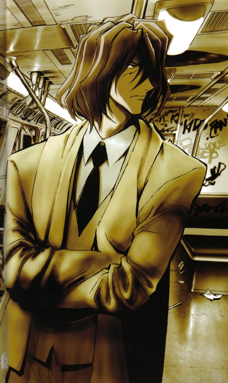 vicious (cowboy bebop), cowboy bebop, highres, 1990s (style), 1boy, crossed arms, formal clothes, graffiti, indoors, male focus, monochrome, necktie, retro artstyle, scarf, solo, suit, train, train interior