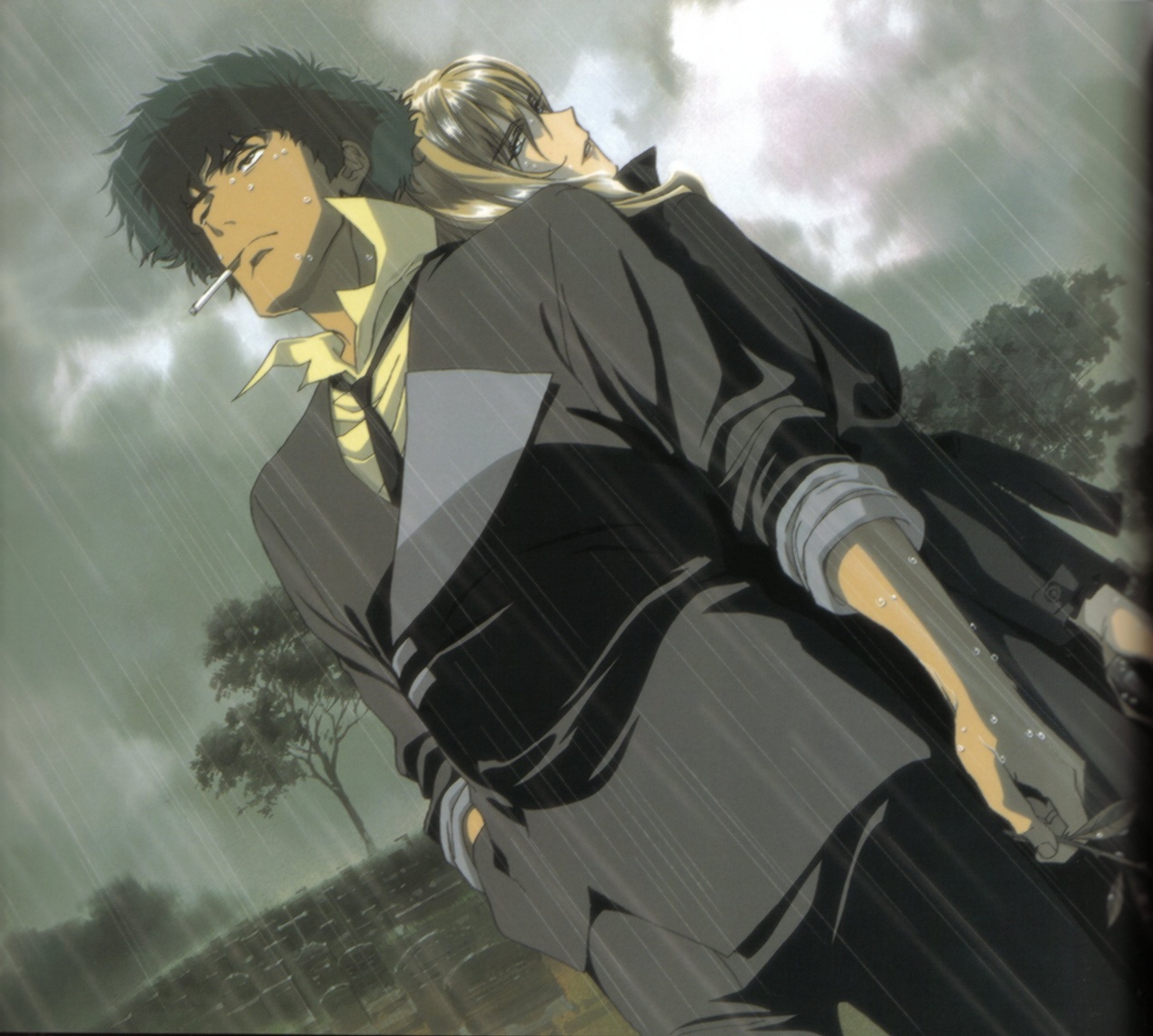 julia (cowboy bebop), spike spiegel, cowboy bebop, official art, 1990s (style), blonde hair, cigarette, coat, graveyard, necktie, rain, retro artstyle, smoking, tree, wet