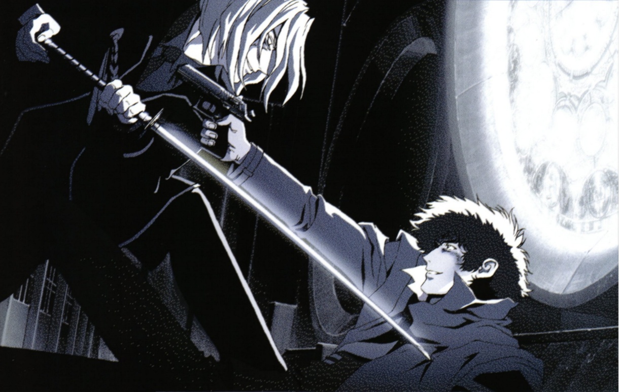 spike spiegel, vicious (cowboy bebop), cowboy bebop, battle, coat, gun, monochrome, sword, weapon