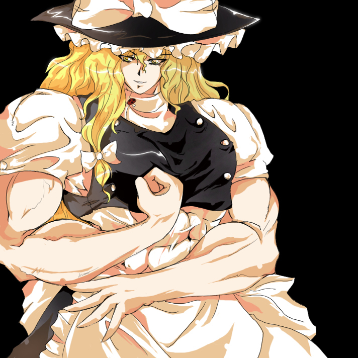 auer, cho marisa, kirisame marisa, touhou, 1girl, alphes (style), black hat, blonde hair, blouse, female focus, hair between eyes, hat, muscular, muscular female, parody, ribbon, shirt, solo, style parody, white shirt, witch