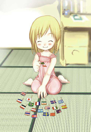 umiichi kurage, takano miyo, tanashi miyoko, higurashi no naku koro ni, lowres, 00s, 1girl, aged down, american flag, australian flag, barefoot, blonde hair, blush, braid, brazilian flag, child, closed eyes, dutch flag, female focus, flag, french flag, greek flag, icelandic flag, italian flag, japanese flag, mexican flag, north korean flag, on floor, sitting, smile, solo, spanish flag, swedish flag, tatami, thai flag, union jack