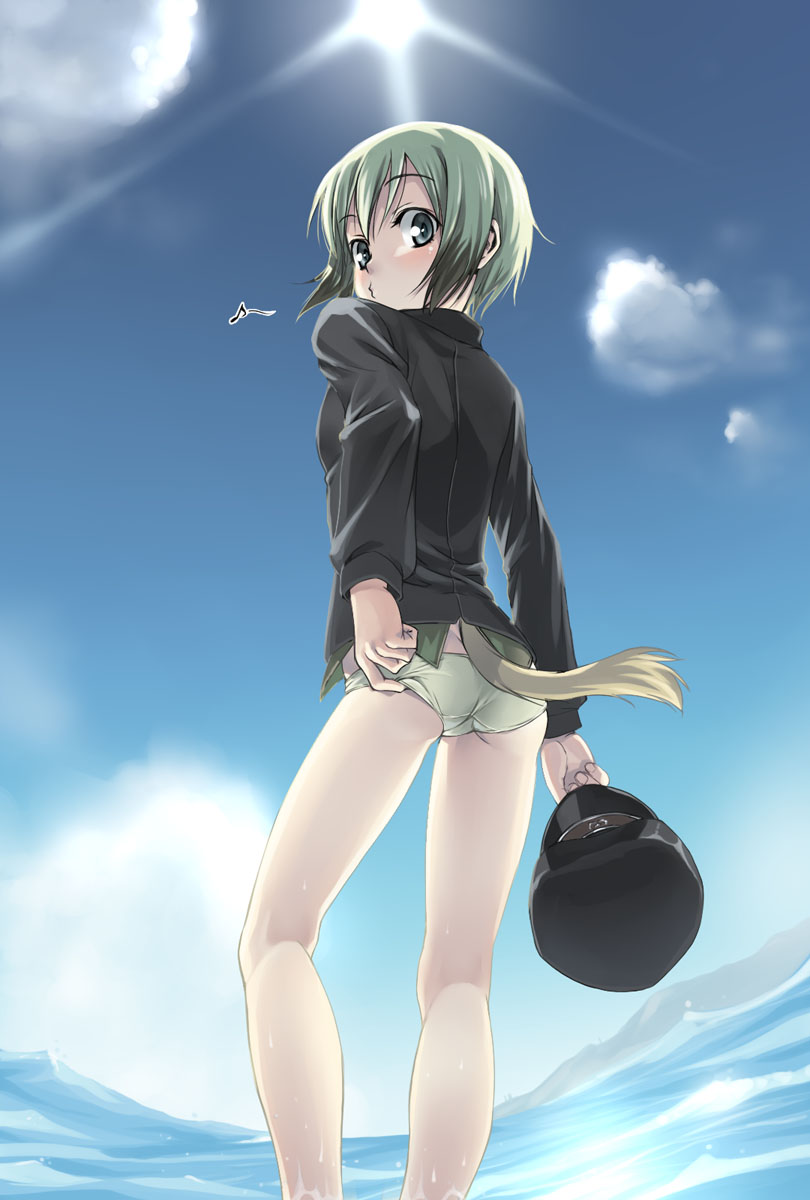 satou atsuki, erica hartmann, strike witches, world witches series, highres, 00s, 1girl, adjusting clothes, adjusting panties, ass, blonde hair, blue eyes, female focus, looking back, multicolored hair, panties, solo, tail, two-tone hair, underwear, water, whistling