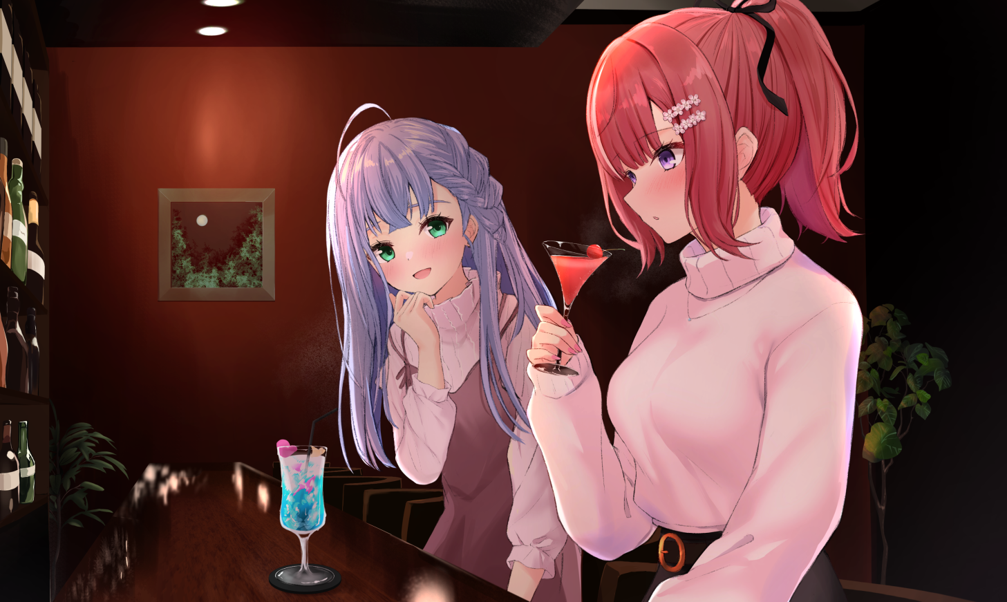 ex idol, commission, pixiv commission, variant set, 2girls, :o, ahoge, bar (place), blush, braid, breasts, brown dress, cherry, choppy bangs, cocktail, cocktail glass, crossed bangs, cup, dress, drinking glass, drinking straw, flower, food, fruit, green eyes, grey sweater, hair flower, hair ornament, hair ribbon, hand up, haruka mikoto, holding, holding cup, indoors, jewelry, long hair, looking at another, medium breasts, medium hair, multiple girls, necklace, open mouth, otohane lara, parted lips, picture frame, pink hair, ponytail, purple eyes, purple hair, ribbed sweater, ribbon, sidelocks, sideways mouth, sitting, smile, sweater, turtleneck, turtleneck sweater, utagoe housoubu, virtual youtuber