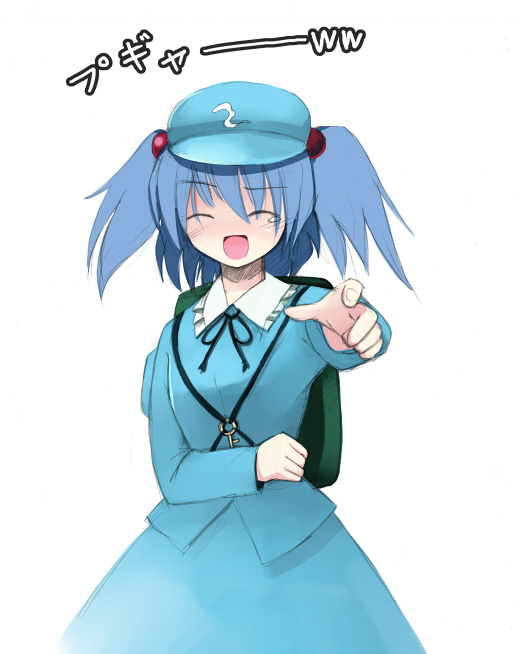 seo tatsuya, kawashiro nitori, touhou, 1girl, female focus, hair bobbles, hair ornament, laughing, pointing, pointing at viewer, solo, tears, two side up