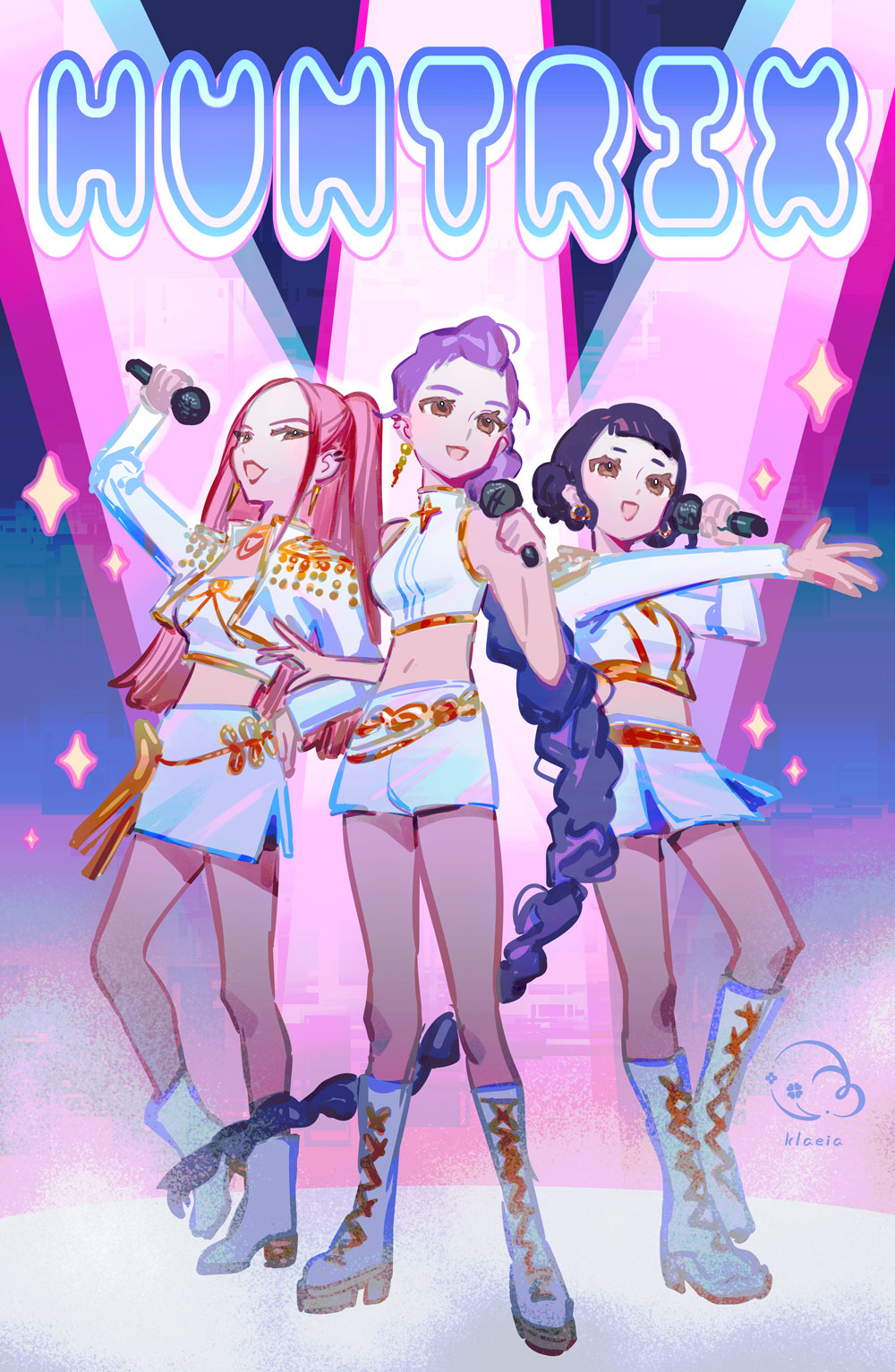 klaeia, mira (kpop demon hunters), rumi (kpop demon hunters), zoey (kpop demon hunters), kpop demon hunters, commentary, english commentary, highres, 3girls, black hair, blunt bangs, boots, brown eyes, cropped jacket, double bun, earrings, full body, group name, hair bun, hand on own hip, holding, holding microphone, jacket, jewelry, microphone, multiple girls, music, outstretched arm, pink hair, purple hair, sidelocks, singing, skirt, sleeveless, sleeveless turtleneck, smile, sparkle, spotlight, turtleneck, twintails, white boots, white jacket, white skirt