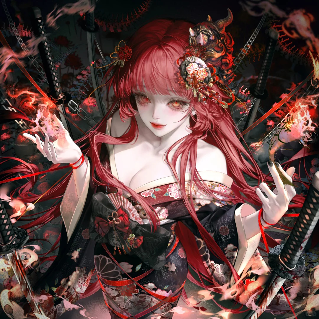 gloriash, original, 1girl, bare shoulders, blood, breasts, cleavage, hair ornament, japanese clothes, katana, kimono, long hair, looking at viewer, off shoulder, pale skin, red eyes, red hair, solo, sword, weapon