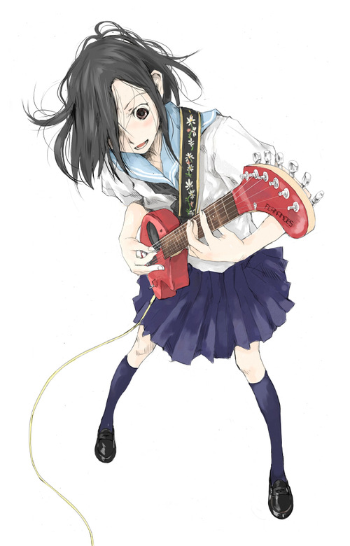 tamaoki benkyou, original, from above, guitar, instrument, school uniform, serafuku, solo